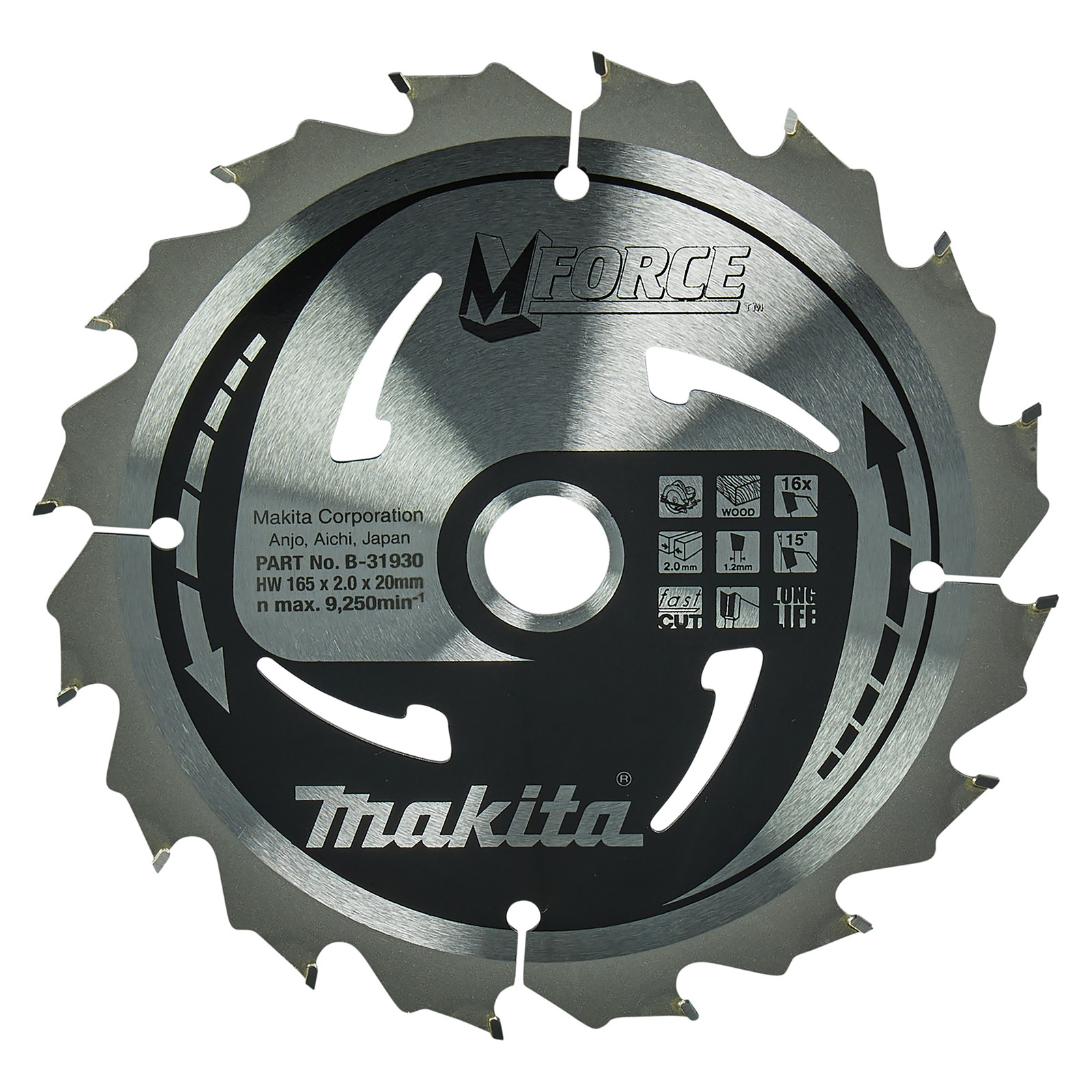 Lame de scie circulaire Makita M-FORCE, 165/20 mm - 16 dents - 1,2 mm - FastCut - Bois - B-31930