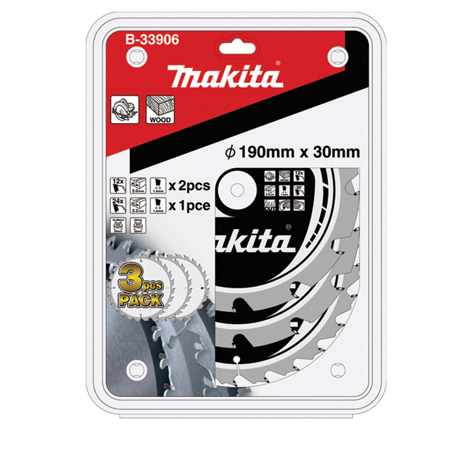 Disque à tronçonner Makita MAKFORCE Set 3 pièces, 190/30 mm - 2x 12 dents - 1x 24 dents - 1,4 mm - Bois - B