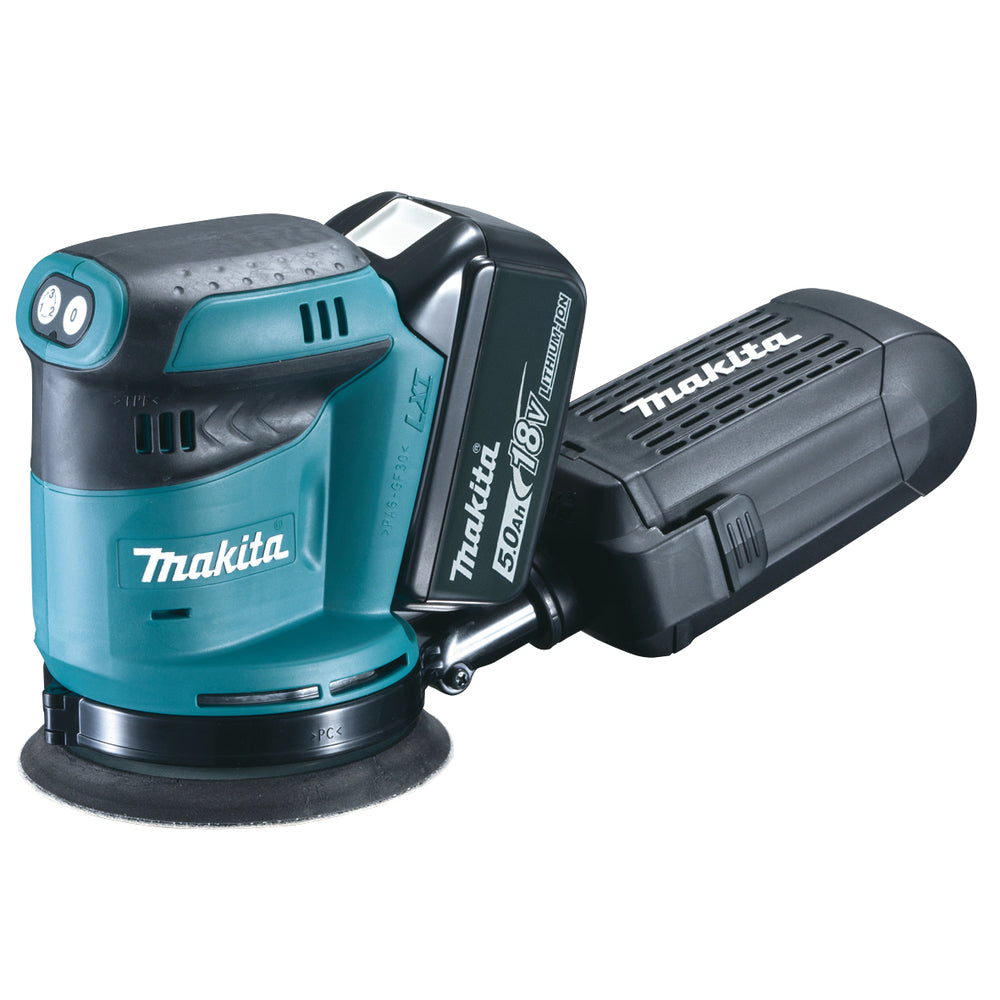 Ponceuse excentrique sans fil Makita 18V DBO180RTJ 125 mm avec 2x 5,0 Ah + chargeur dans MAKPAC