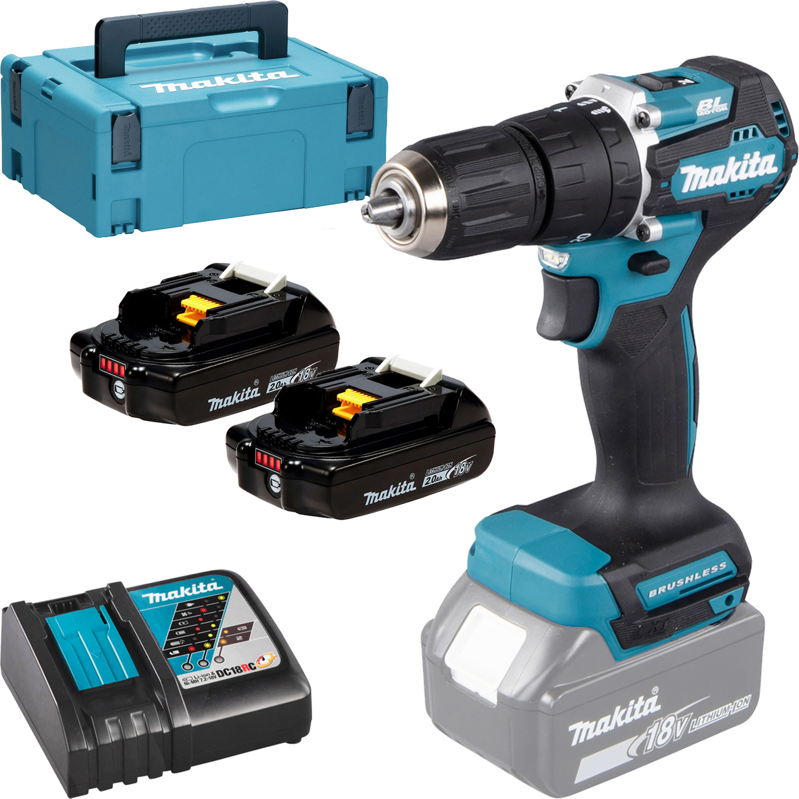 Perceuse-visseuse à percussion sur batterie Makita 18V DHP487RAJ avec 2 batteries 2,0 Ah + chargeur en MAKPAC