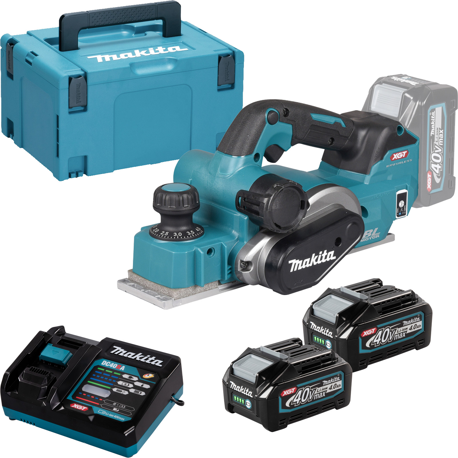 Rabot électrique sans fil Makita 40V max. / 4,0 Ah, 2 batteries + chargeur dans MAKPAC KP001GM201