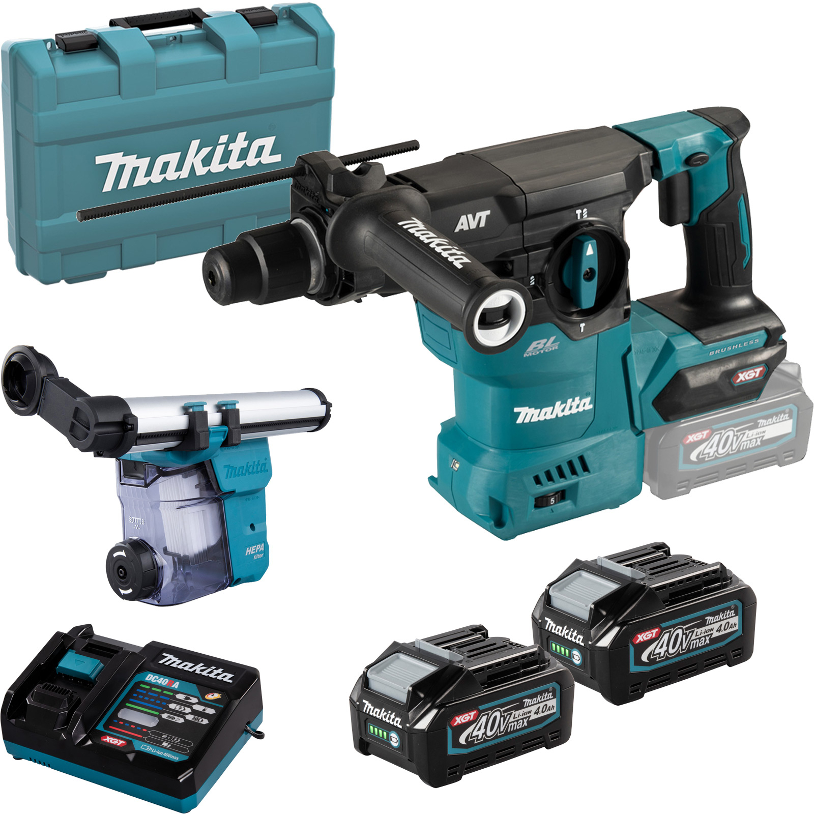 Makita Perforateur combiné sans fil SDS-PLUS 40V max. / 4,0 Ah, 2 batteries + chargeur dans coffret de transport