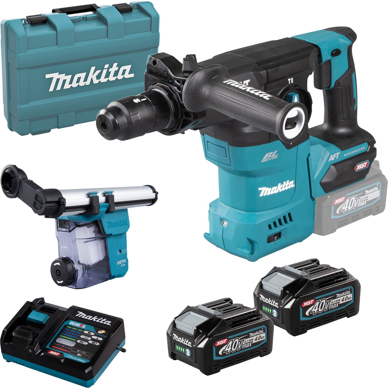 Marteau perforateur sans fil Makita 40V max. + mandrin rapide / 4,0 Ah, 2 batteries + chargeur + coffret de transport