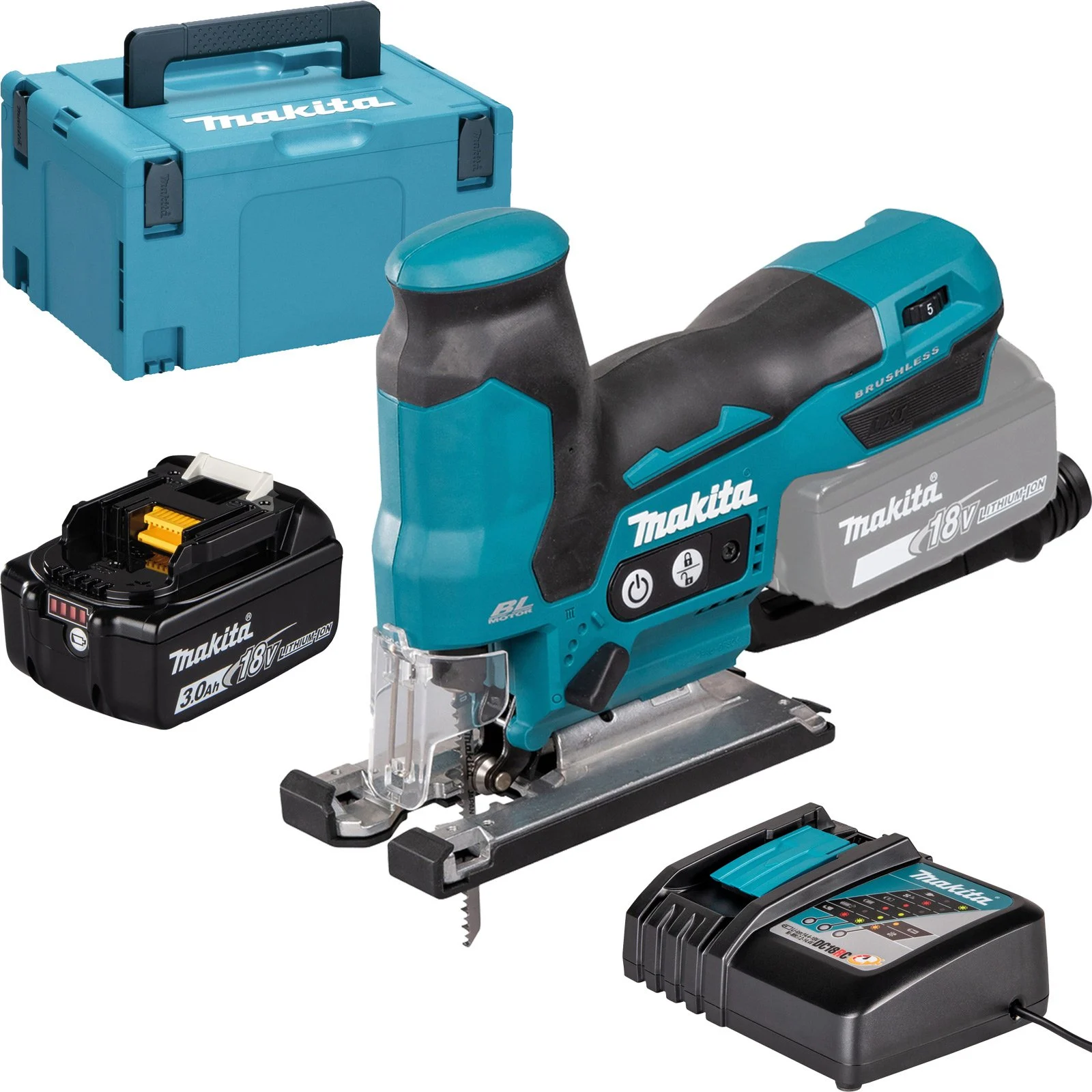 Makita Scie sauteuse pendulaire à batterie DJV185RF1J incluant batterie, incluant chargeur, incluant coffret 18V 3.0Ah Nombre de batteries fournies 1