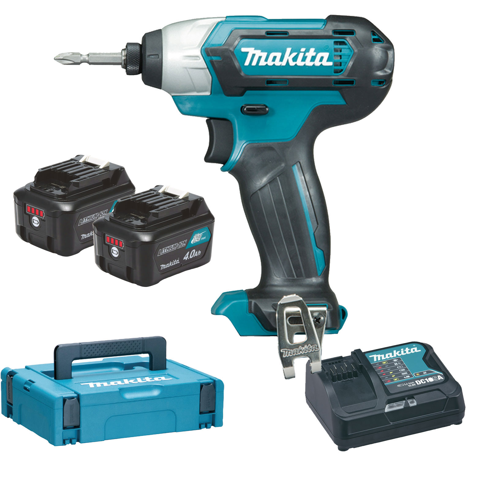 Makita Perceuse-visseuse à percussion sans fil TD110DSMJ 10,8 V avec 2 batteries 4,0 Ah + chargeur dans MAKPAC