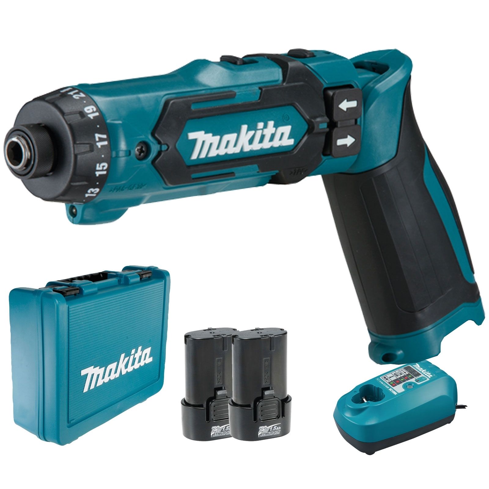 Dévisseuse à tête articulée sans fil Makita 7,2 V avec 2 accus 1,5 Ah + chargeur en mallette de transport