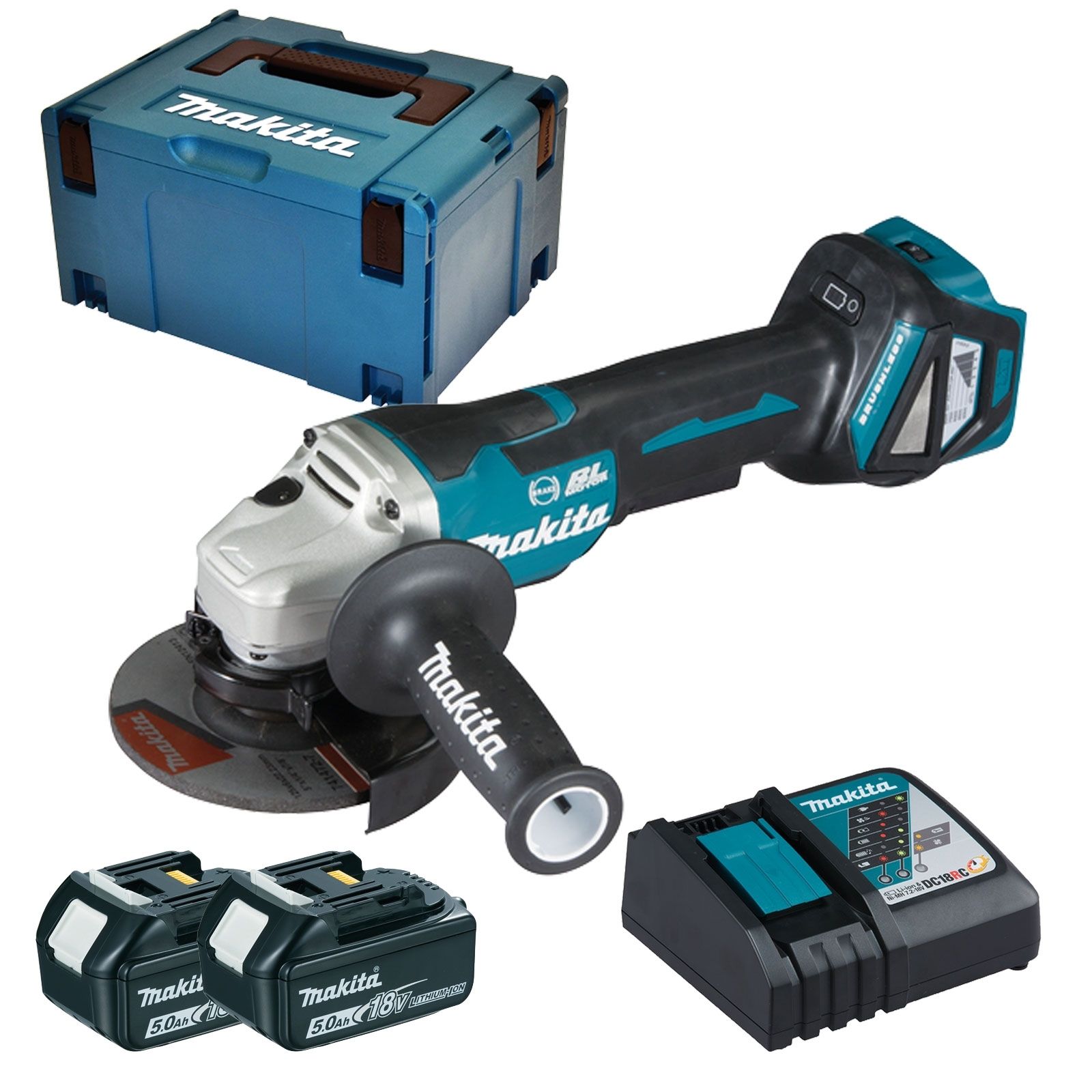 Meuleuse d'angle sur batterie Makita 18V DGA517RTJ avec 2 accus 5,0 Ah + chargeur en coffret MAKPAC