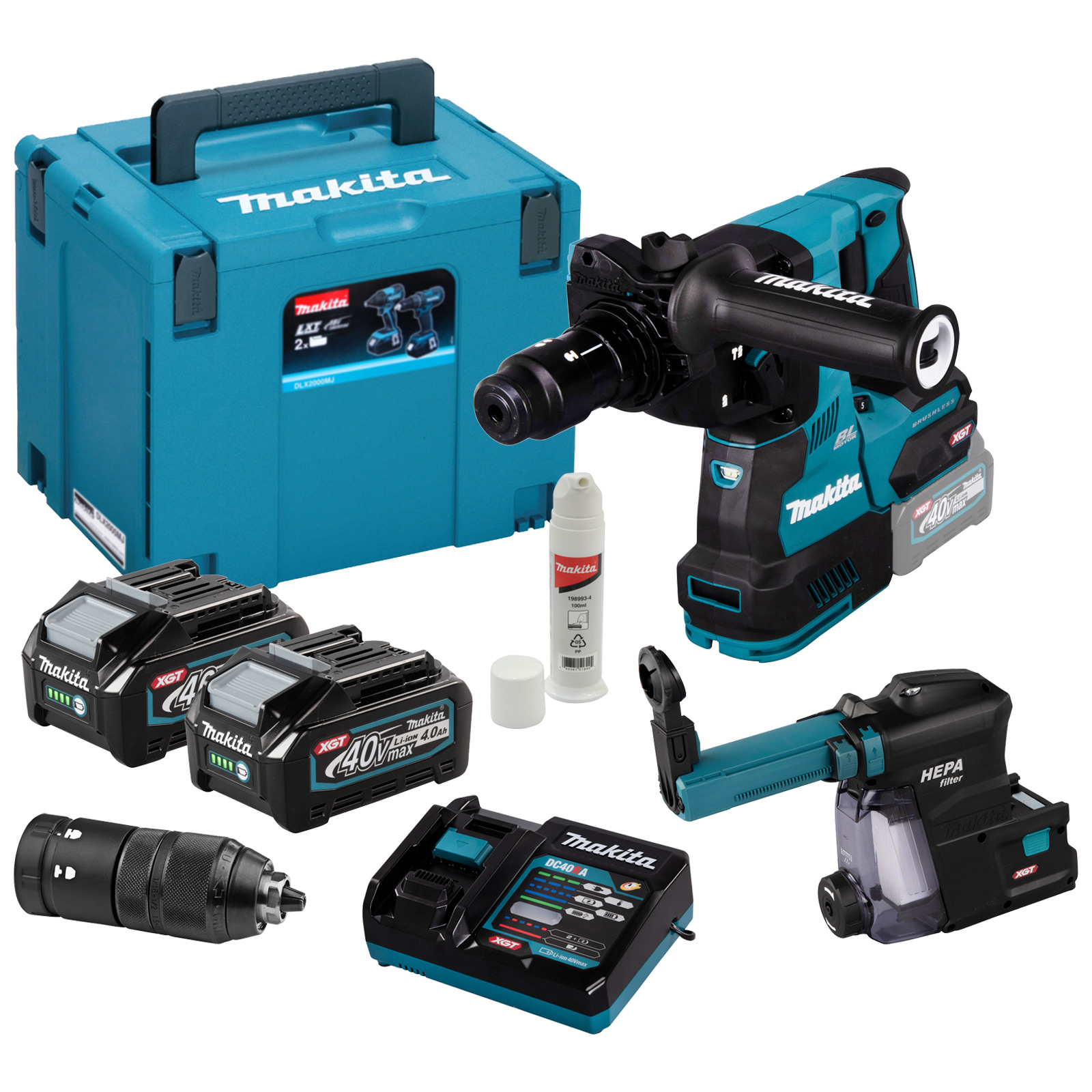 Makita marteau combiné sans fil SDS-PLUS 40V / 4,0 Ah, 2 batteries + chargeur dans le MAKPAC incl. aspiration de poussière