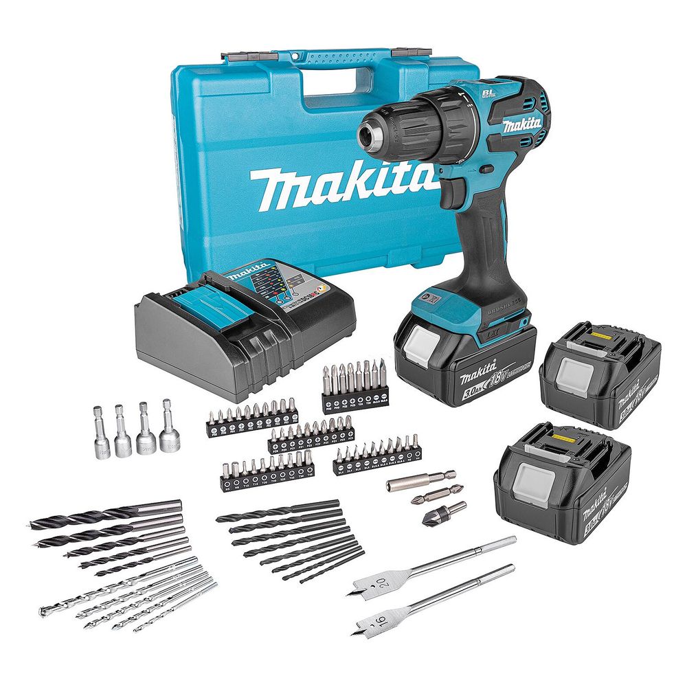 Perceuse-visseuse à percussion sans fil Makita DHP490RFX3 18V avec 2 accus 3,0 Ah, chargeur et coffret + set d'accessoires 74 pièces