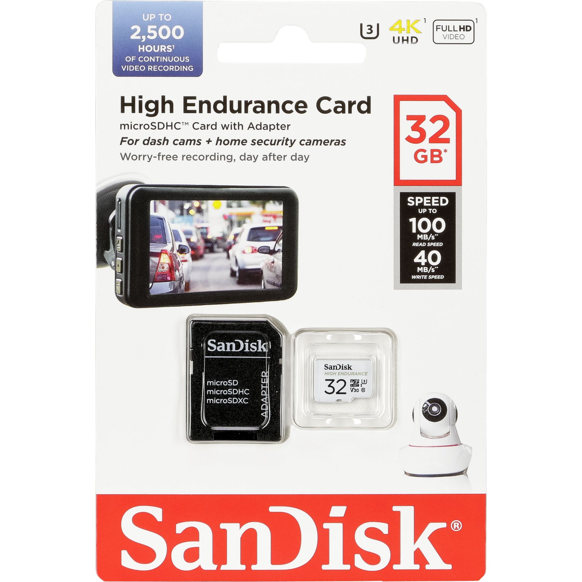 Carte mémoire microSDHC SanDisk High Endurance 32 Go + adaptateur SD UHS-I U3, Class 10, V30