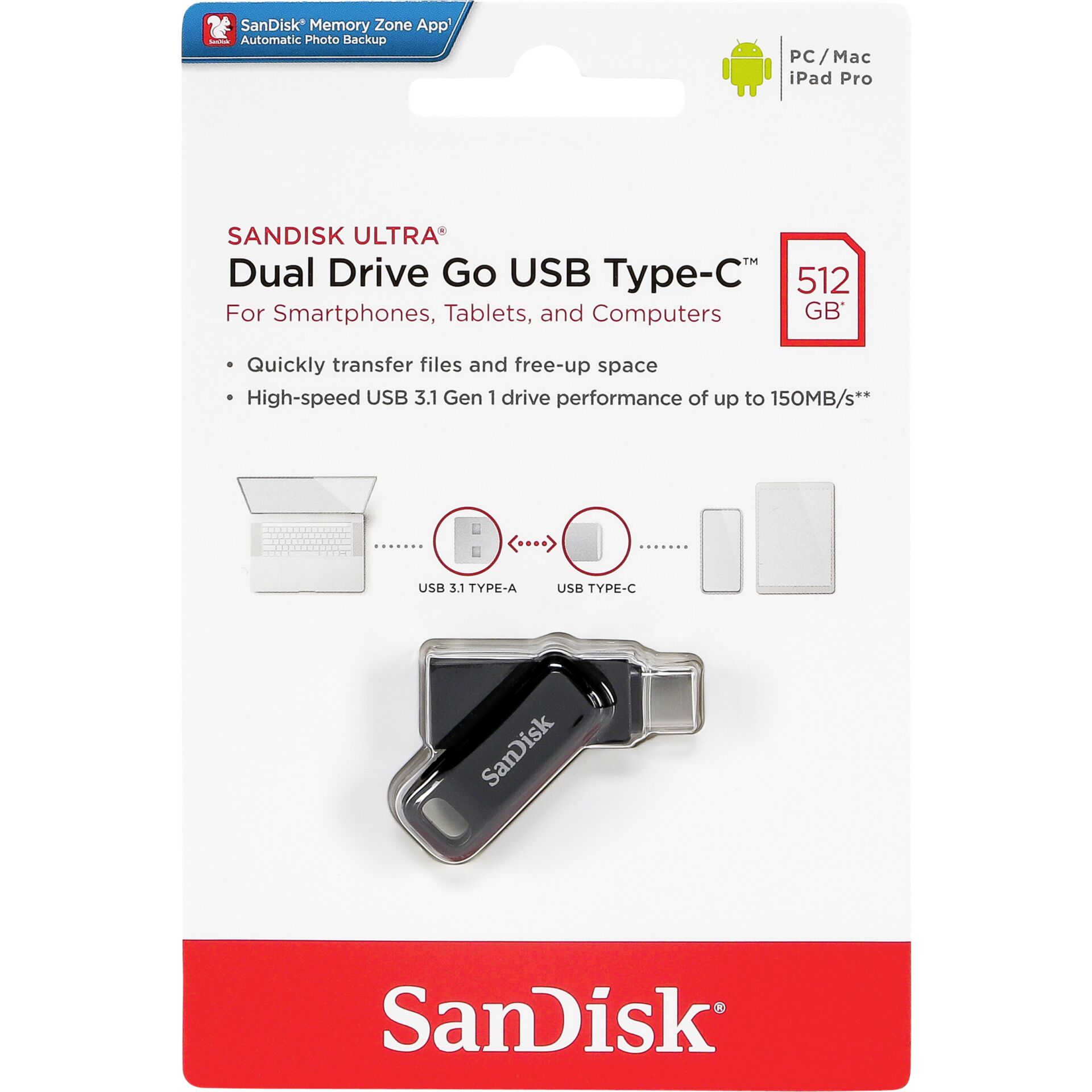 SanDisk Ultra Dual Drive Go Clé USB Type-C™ 512 Go USB 3.2 Gen 1, noir