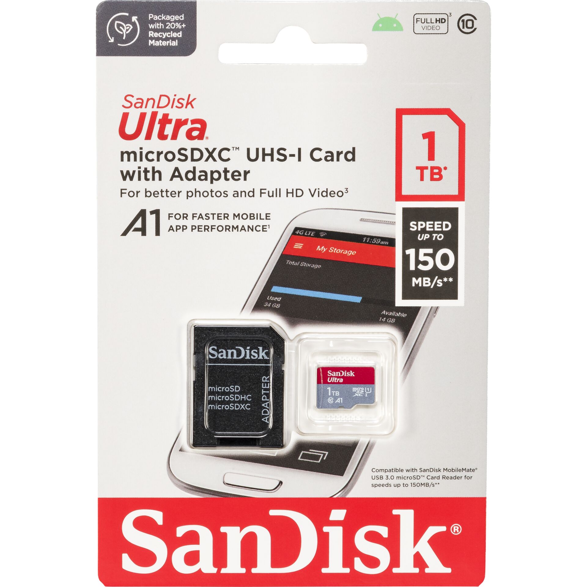 Carte mémoire microSDXC SanDisk Ultra 1 To + adaptateur SD UHS-I, A1, Class 10