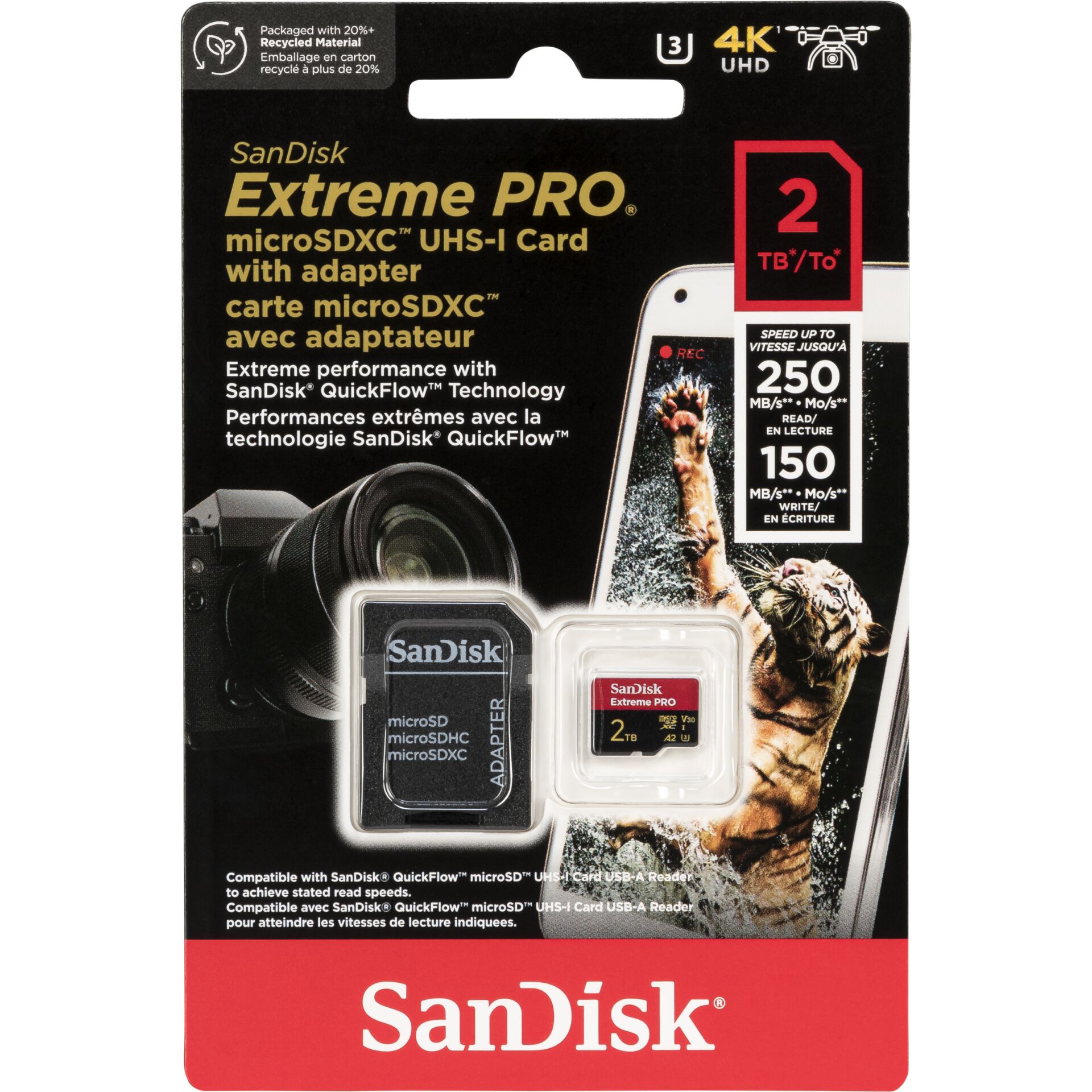 SanDisk Extreme® PRO microSDXC 2 TB avec adaptateur SD, UHS-I U3, A2, Class 10, Video Speed Class 30