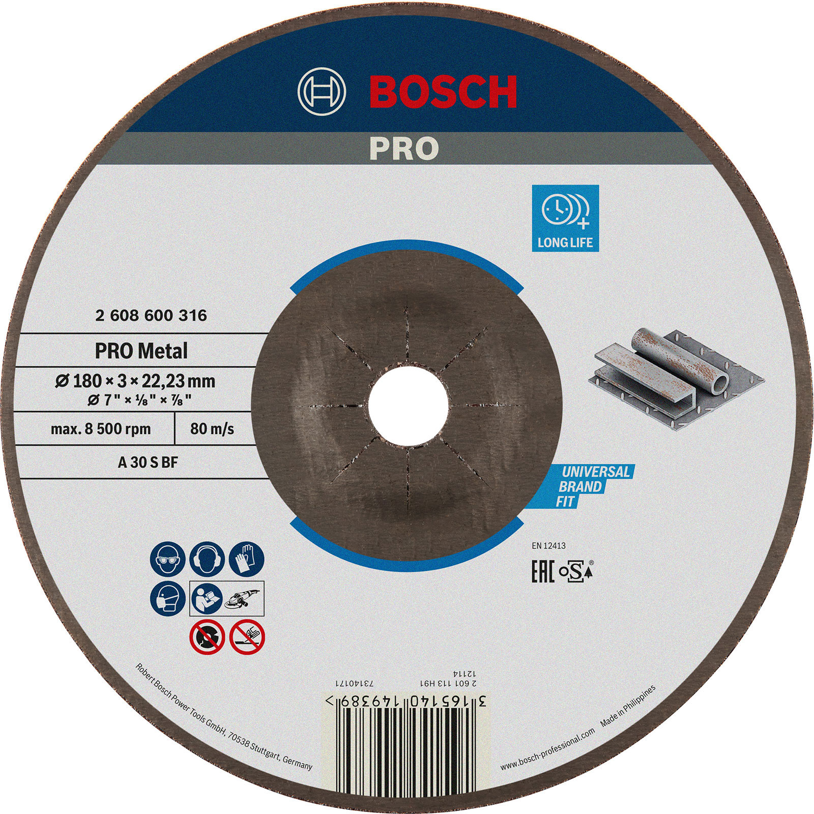 Disque à tronçonner métal Bosch PRO, 180 x 3 x 22,23 mm, déporté, oSa