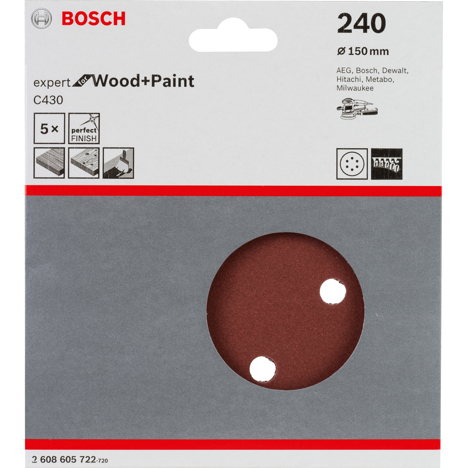 Bosch 5x feuille de ponçage C430 Expert for Wood 6 trous velcro 150 mm grain 240 - 2608605722