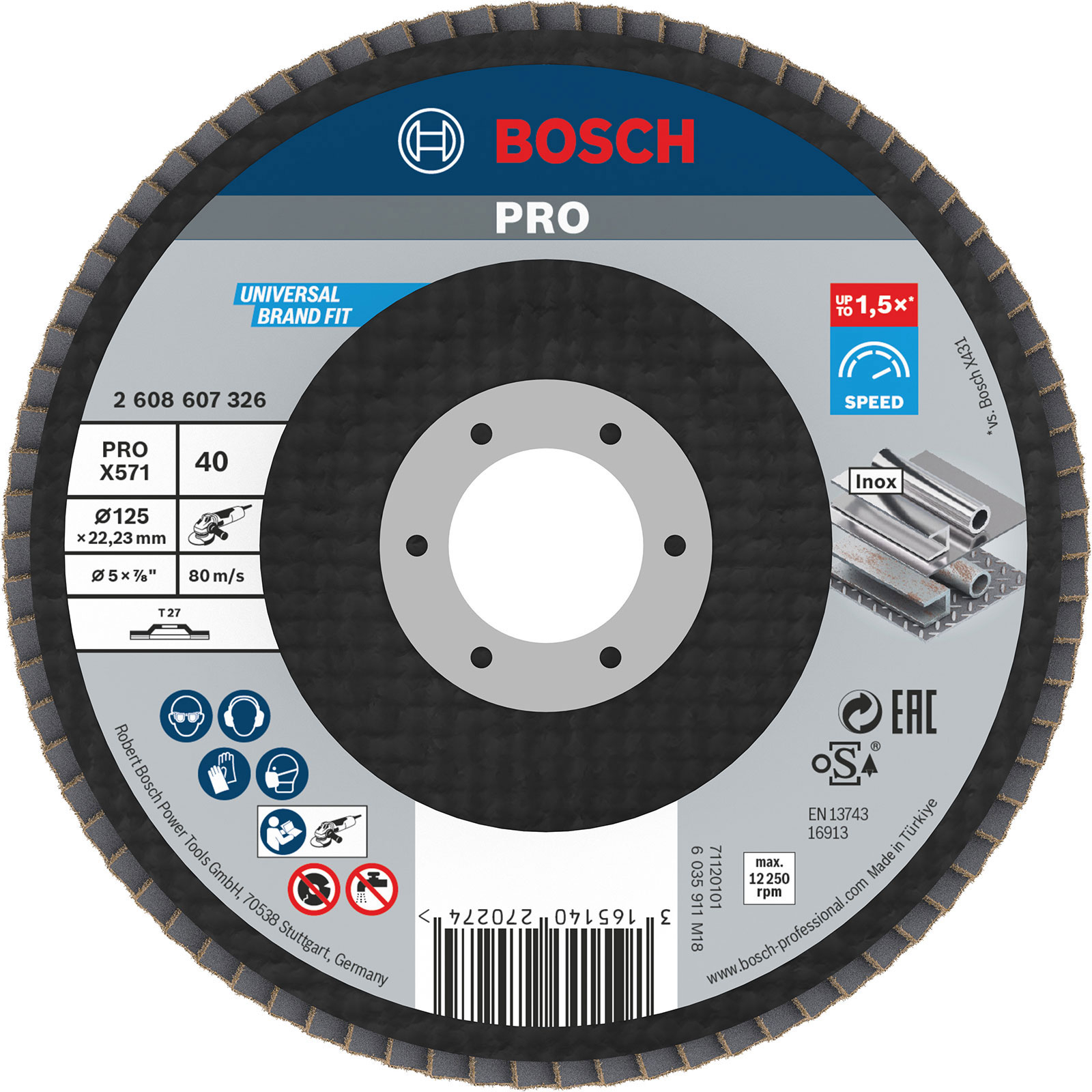 Disque de ponçage à lamelles **Bosch PRO X571**, Ø 125 mm, grain **G40**, droit, fibre de verre
