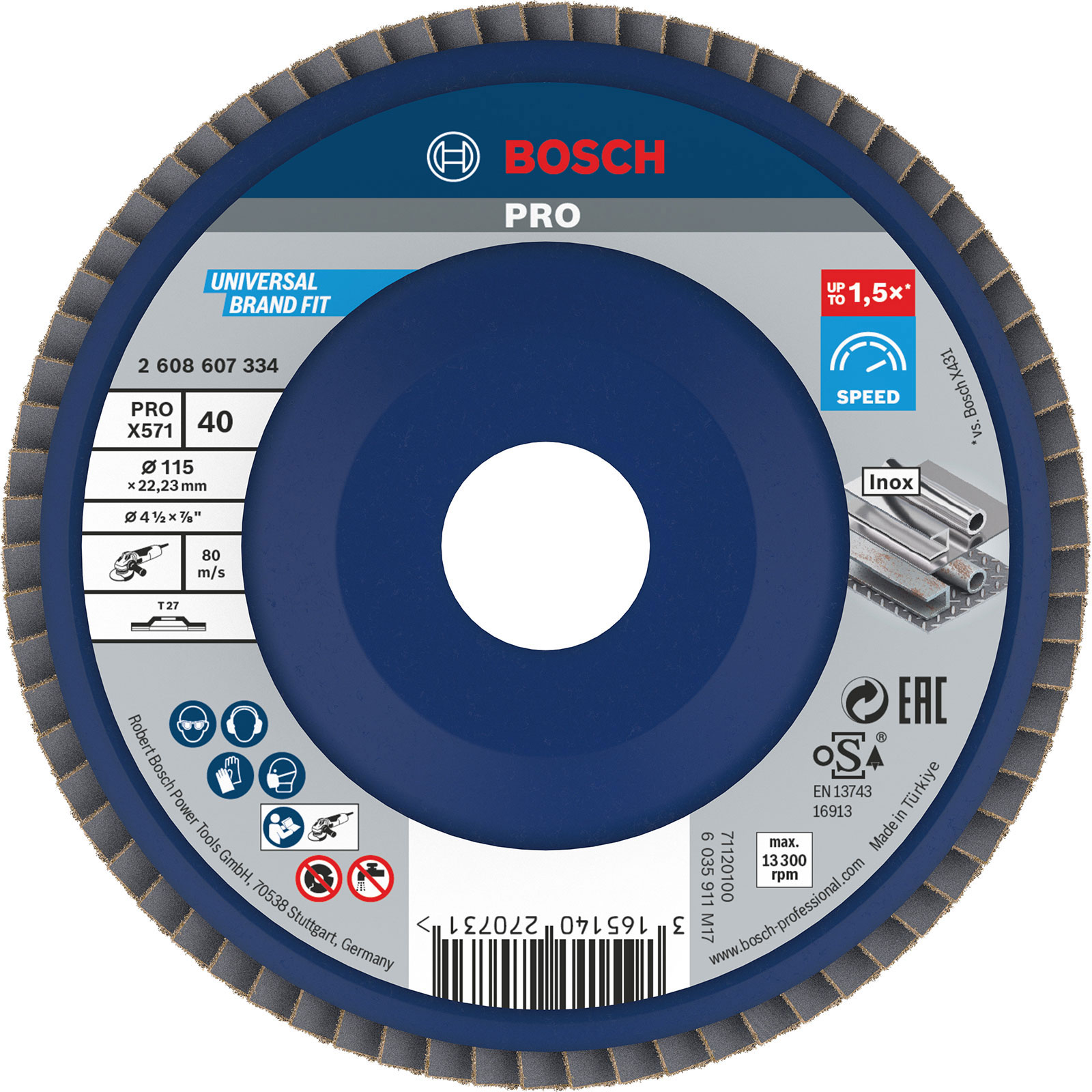 Disque de ponçage à lames multiples **Bosch PRO X571**, 115 mm, grain **G40**, droit, **plastique**