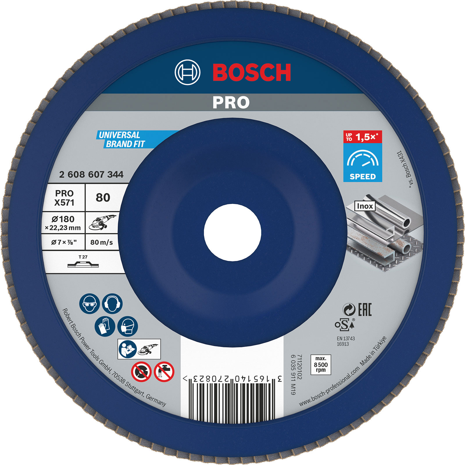 Disque de ponçage à lamelles Bosch PRO X571, 180 mm, G80, droit, plastique