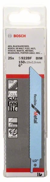Lame de scie sabre S 922 BF Bosch, flexible pour métal, boîte de 25