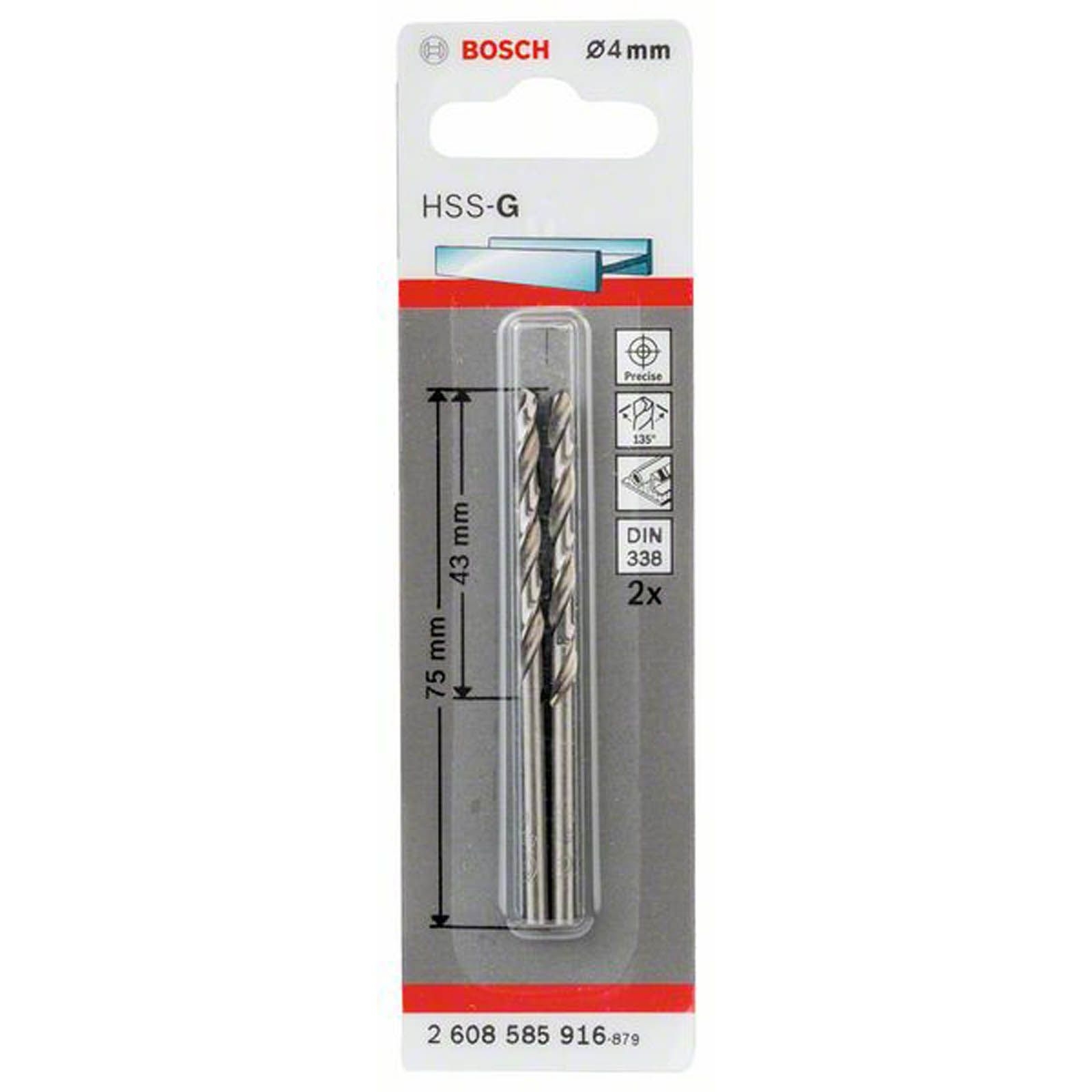 Bosch 2x Forets hélicoïdaux HSS-G DIN 338 4 x 43 x 75 mm - 2608585916