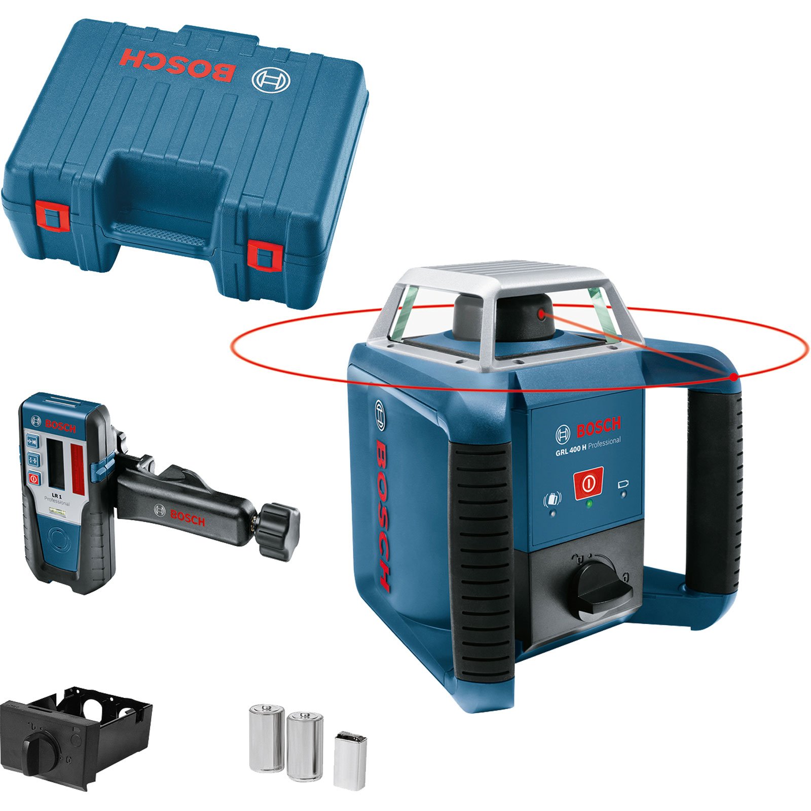 Laser rotatif Bosch GRL 400 H avec 2 piles (LR20) + récepteur en coffret