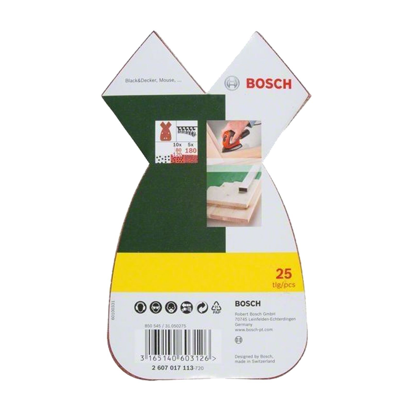 Set de feuilles de ponçage pour ponceuse multifonction Bosch, 25 pièces, 4 trous, 170x98x20 mm, grain 80 - 180