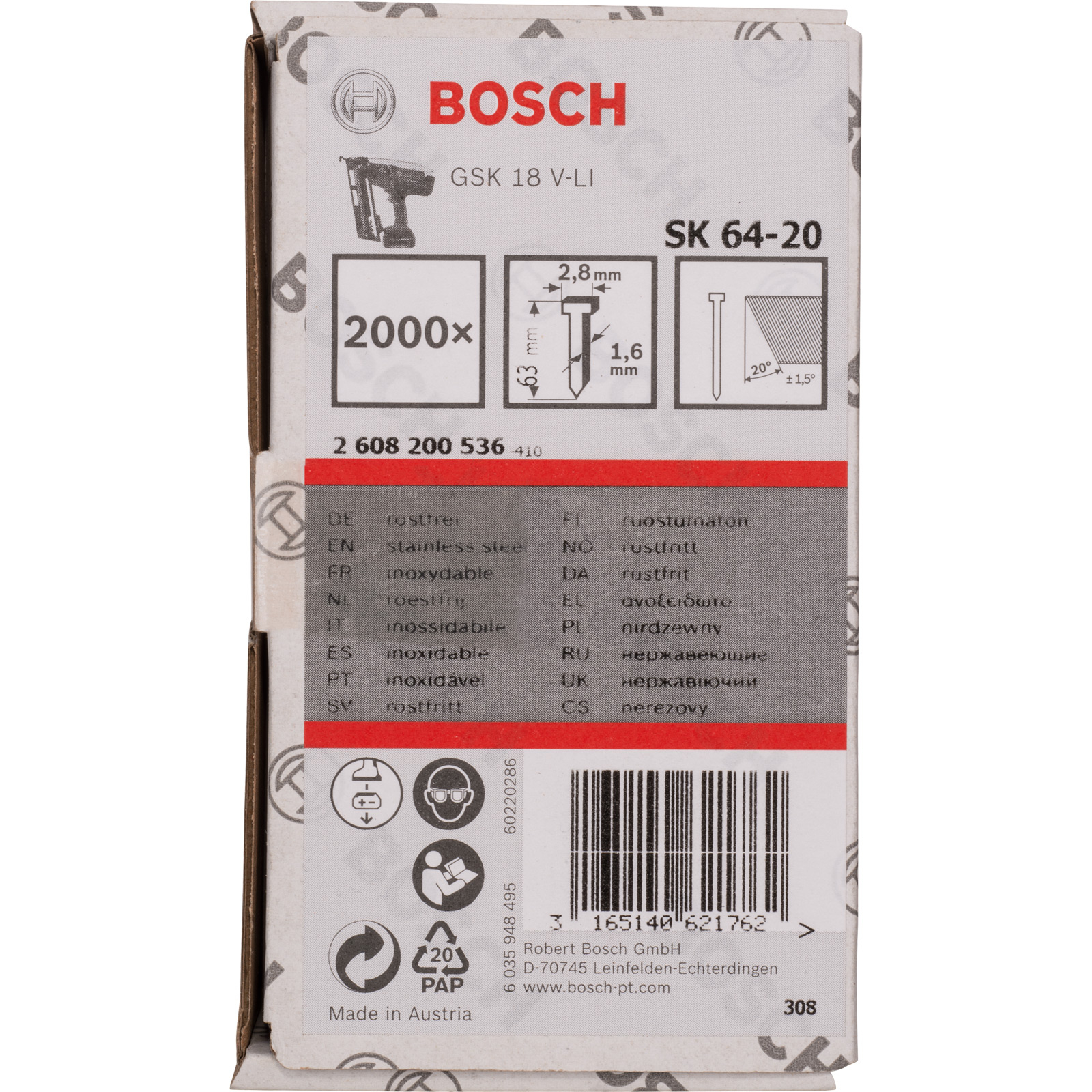 Bosch Pointe à tête fraisée SK64 20NR 63 mm acier inoxydable (2000 pièces) — lot de 2000 pièces