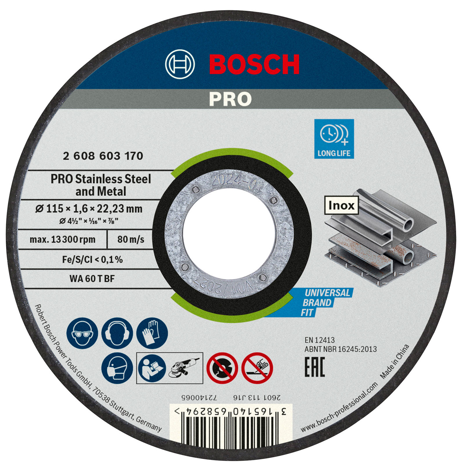 Disque à tronçonner Bosch PRO pour acier inoxydable et métal, 115 x 1,6 x 22,23 mm