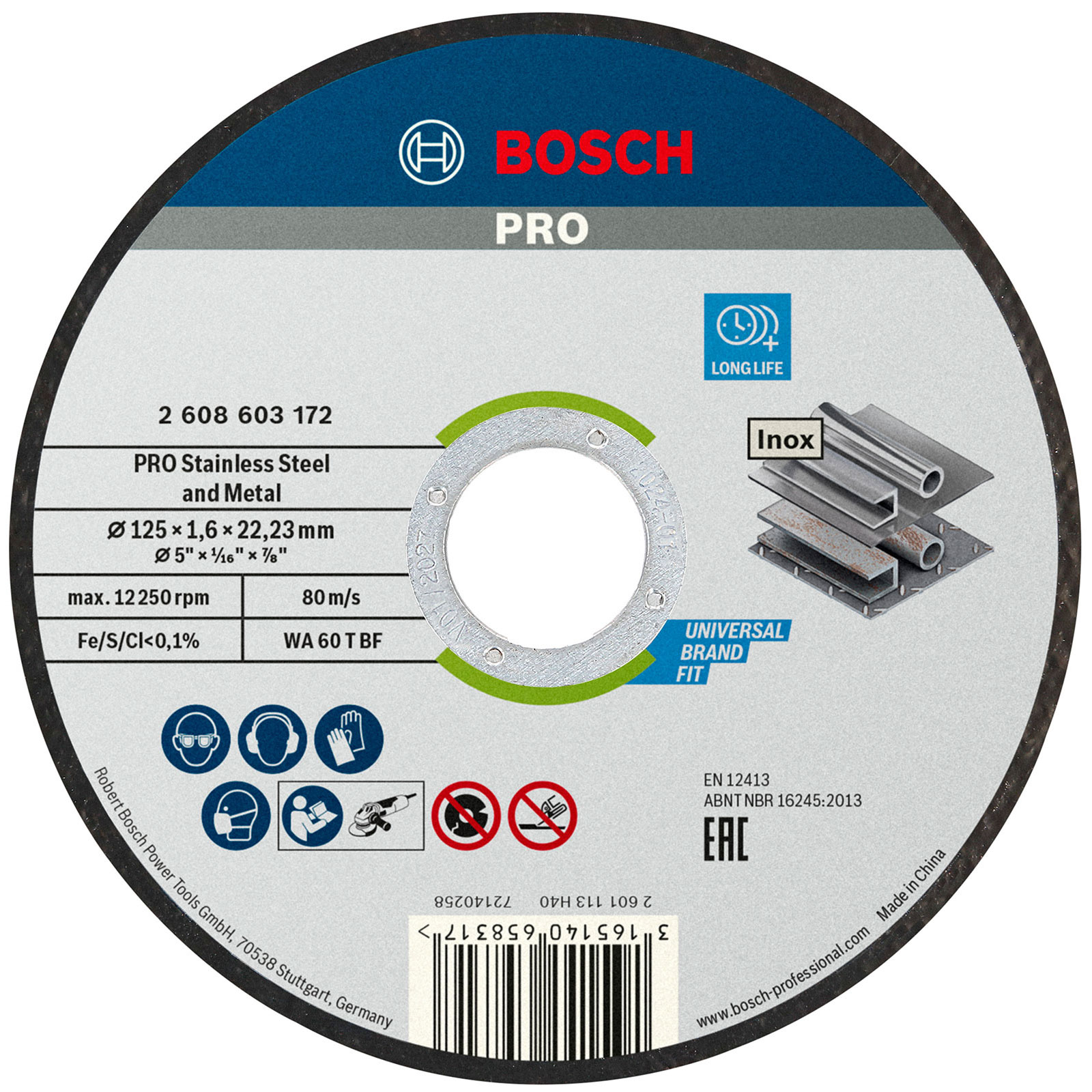 Disque à tronçonner Bosch PRO pour acier inoxydable et métal, 125 x 1,6 x 22,23 mm, droit