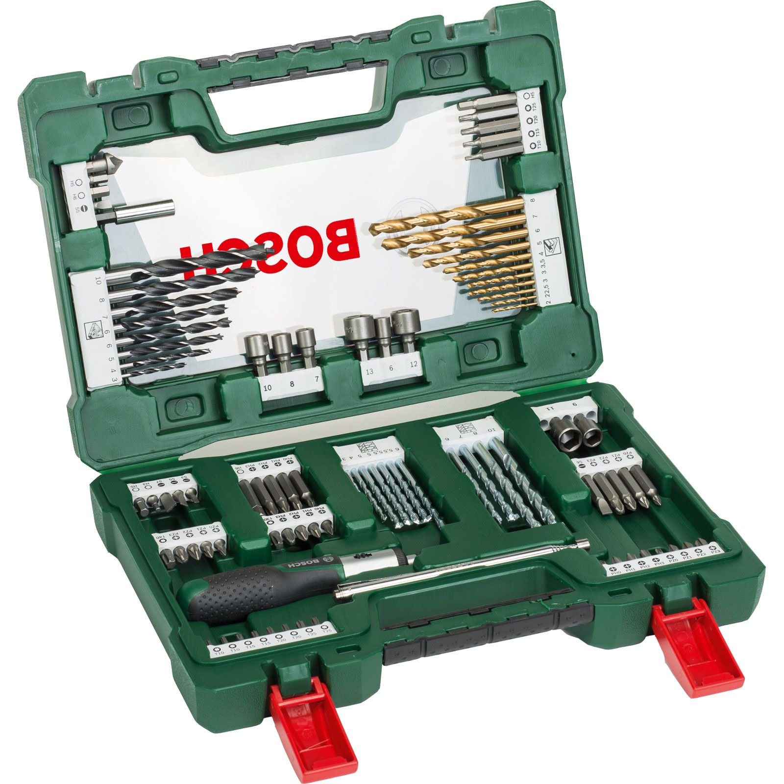 Set de forets TiN et mèches Bosch V-Line, 91 pièces, tournevis à cliquet, barre magnétique