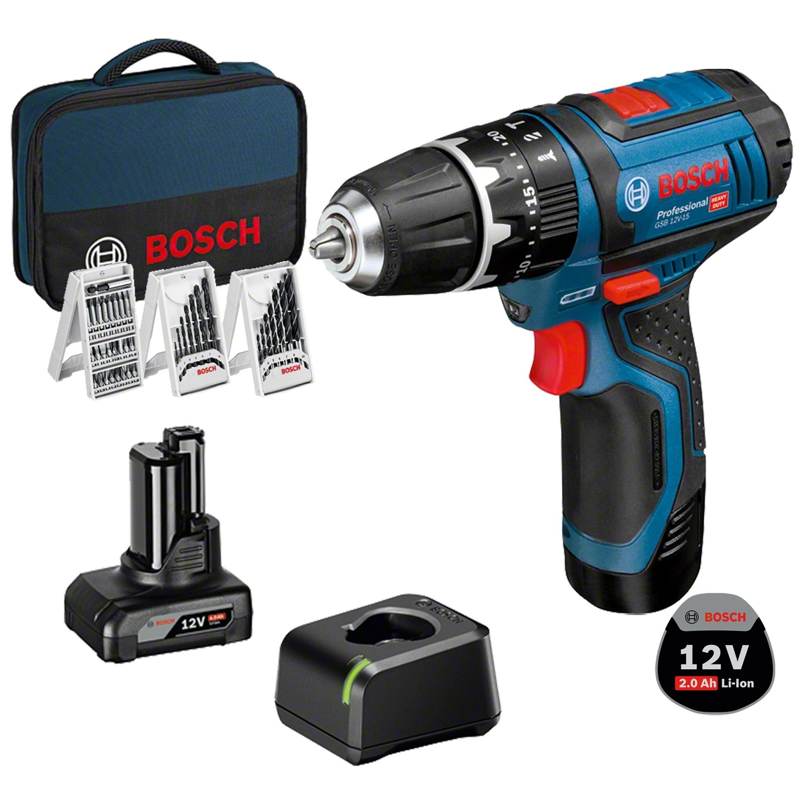 Perceuse-visseuse à percussion Bosch GSB 12V-15, avec 1 x 4,0 Ah, 1 x 2,0 Ah batterie Li-Ion