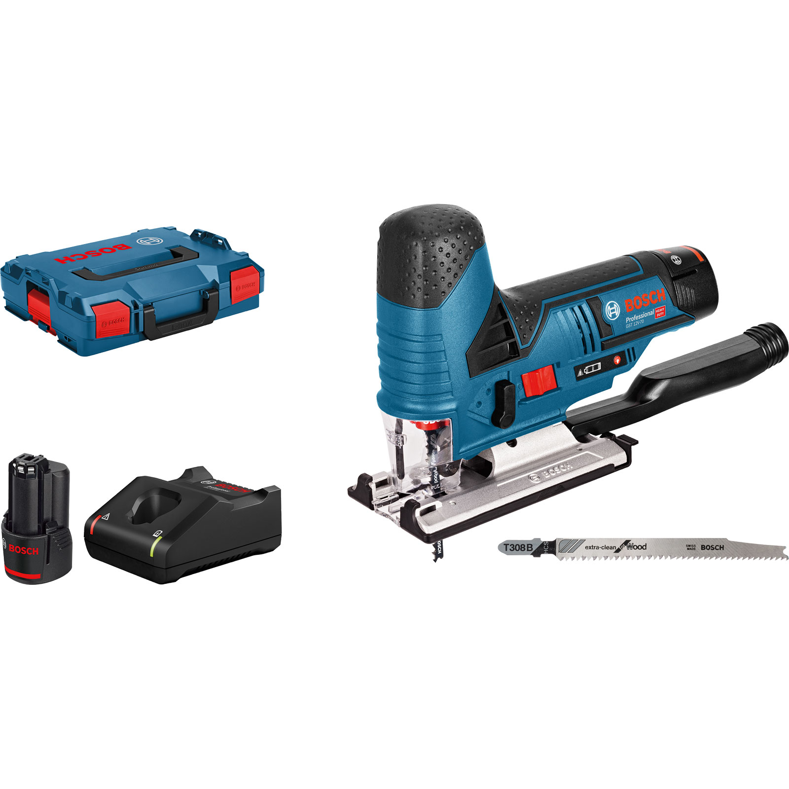 Scie sauteuse sans fil Bosch GST 12V-70 avec 2 batteries 3,0 Ah + chargeur en L-BOXX