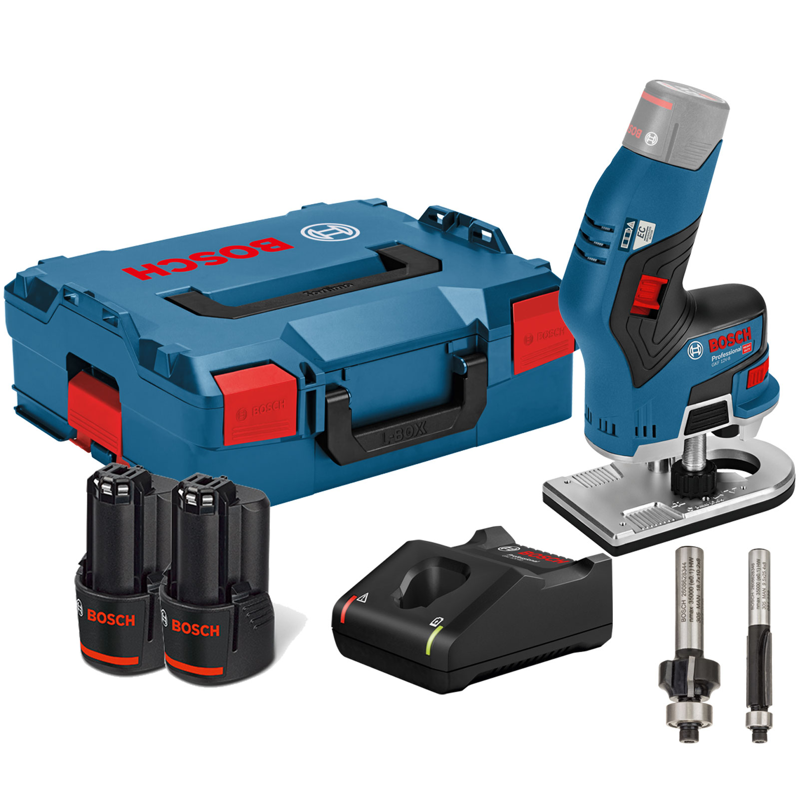Fresatrice per bordi à batterie Bosch GKF 12V-8 avec 2 batteries de 3,0 Ah 12V + chargeur dans L-Boxx 136