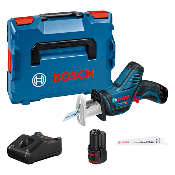 Scie sabre sans fil Bosch GSA 12 V-14 avec 2 batteries 3,0 Ah + L-Boxx