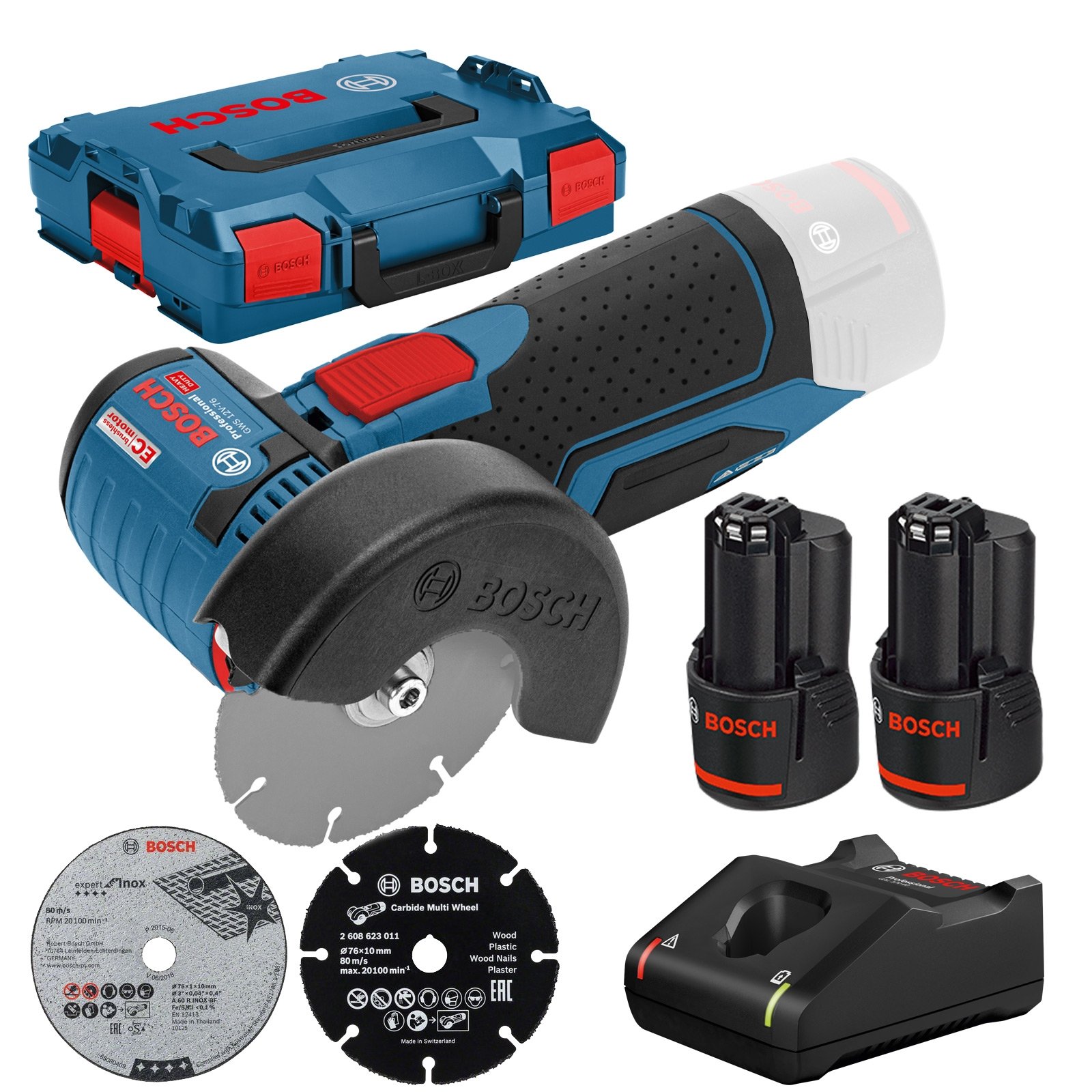 Meuleuse d'angle sur batterie Bosch GWS 12V-76 avec 2 batteries 3,0 Ah + chargeur en L-BOXX taille 1