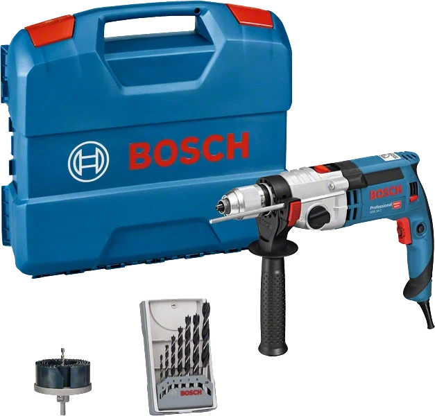 Perceuse à percussion filaire Bosch GSB 24-2 avec jeu de mèches à bois et scie cloche dans mallette L-Case
