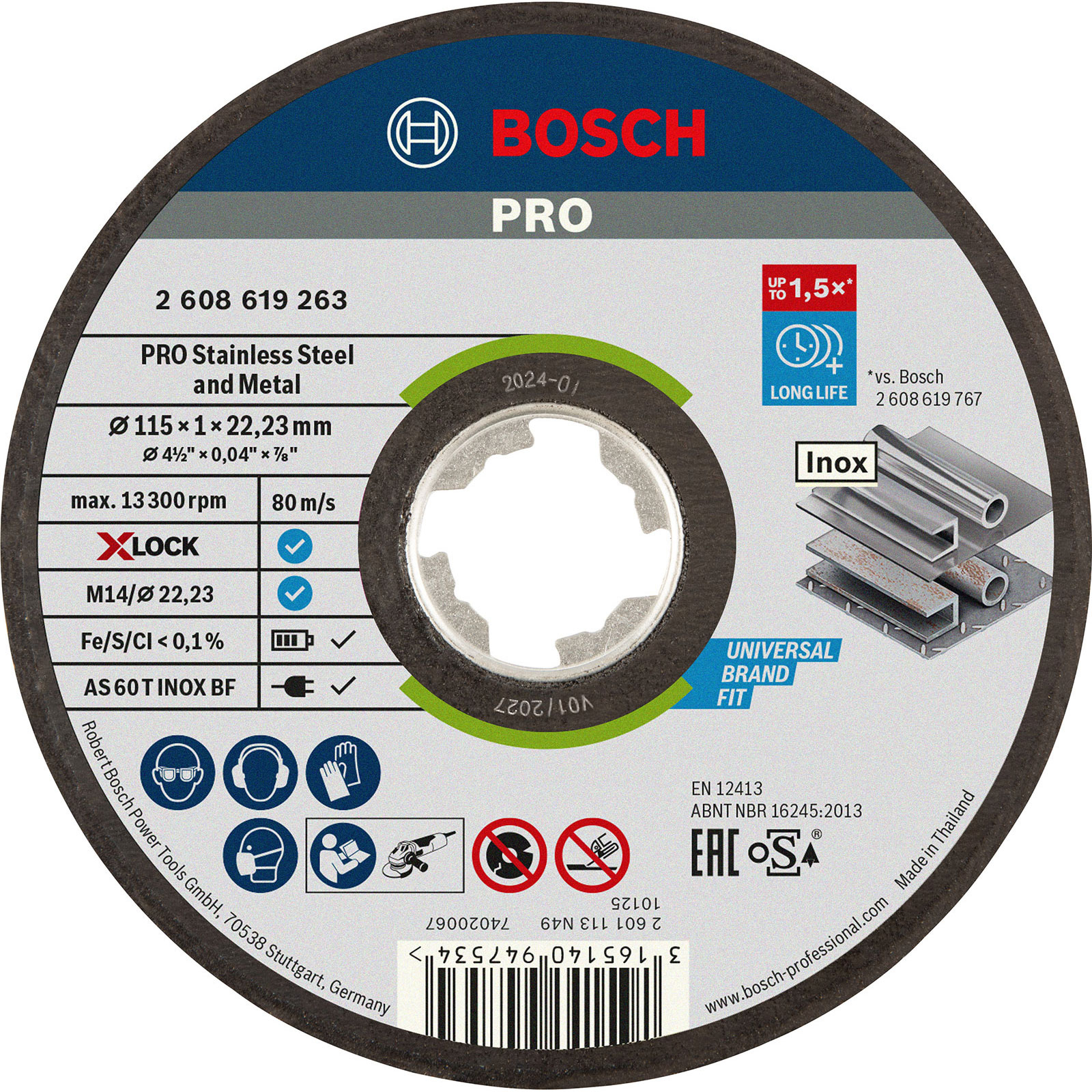 Disque de tronçonnage Bosch PRO X-Lock pour inox et métal, 115 x 1 x 22,23 mm, droit, oSa
