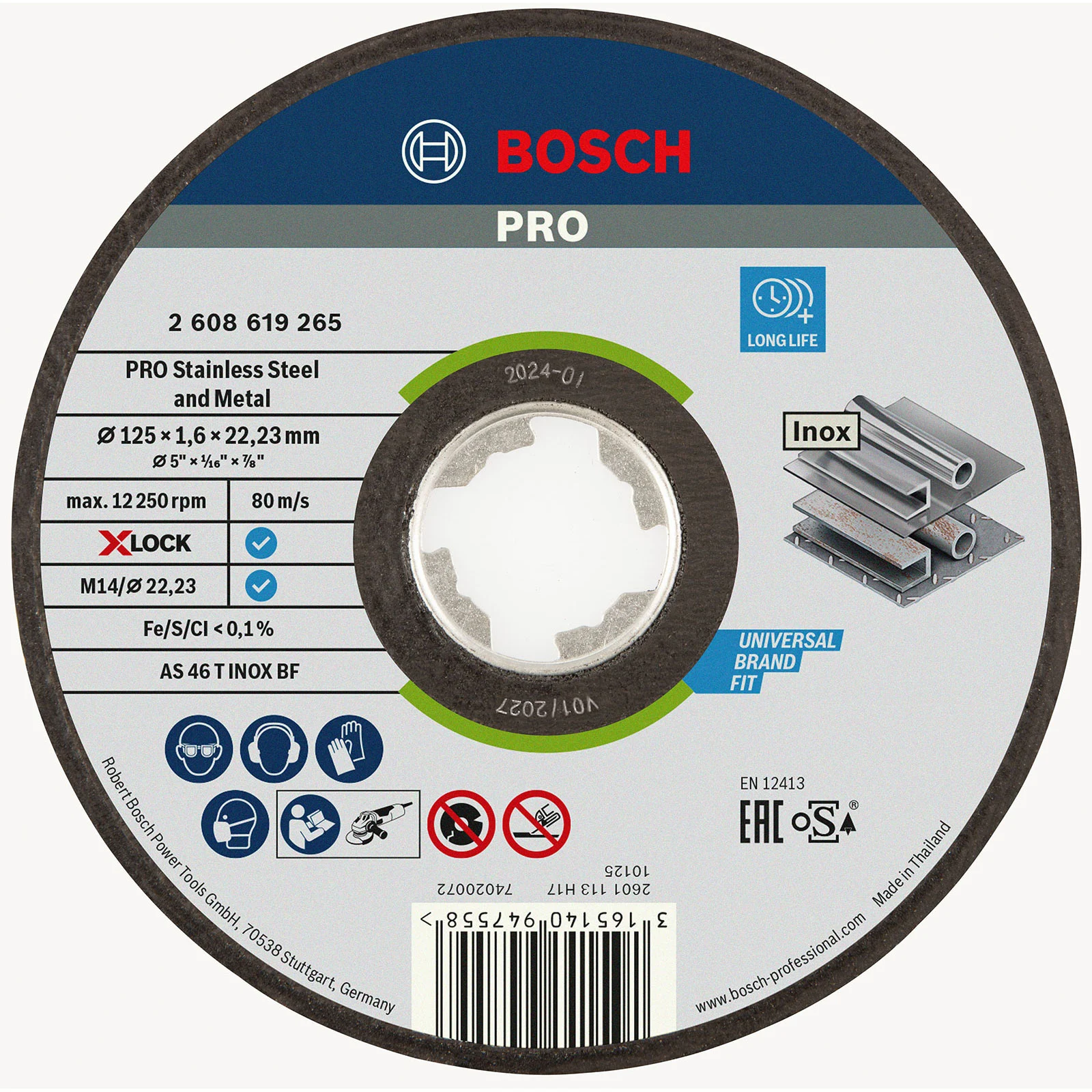 Disque de tronçonnage Bosch PRO X-Lock pour inox et métal, 125 x 1,6 x 22,23 mm, droit, oSa