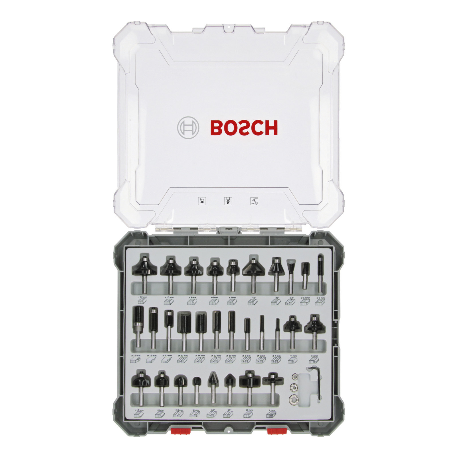 Jeux de fraises Bosch mixtes 30 pièces à queue 6 mm pour fraiseuses 2607017474