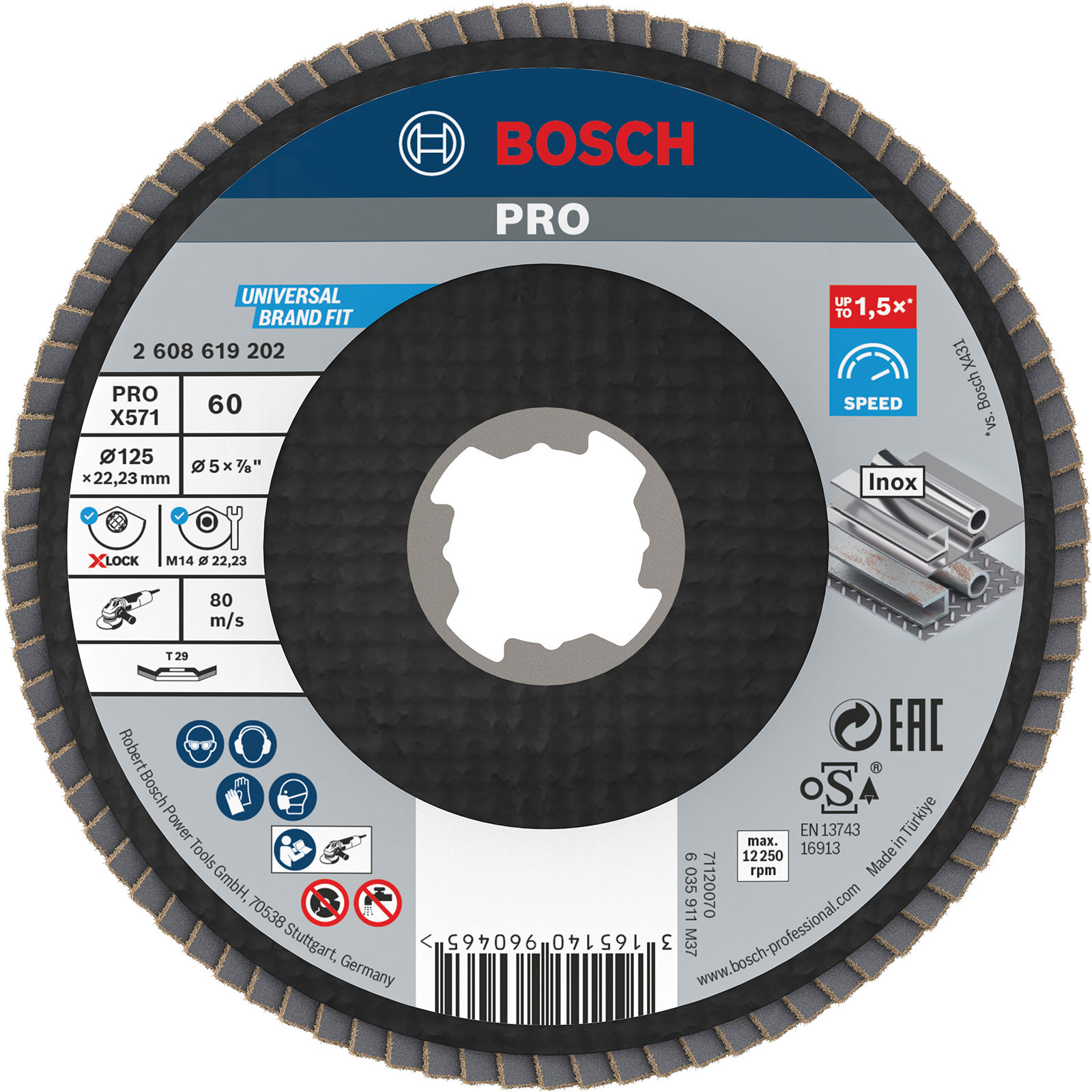 Disque à lamelles Bosch PRO X571 X-Lock, 125 mm, G60, angulaire, fibre de verre