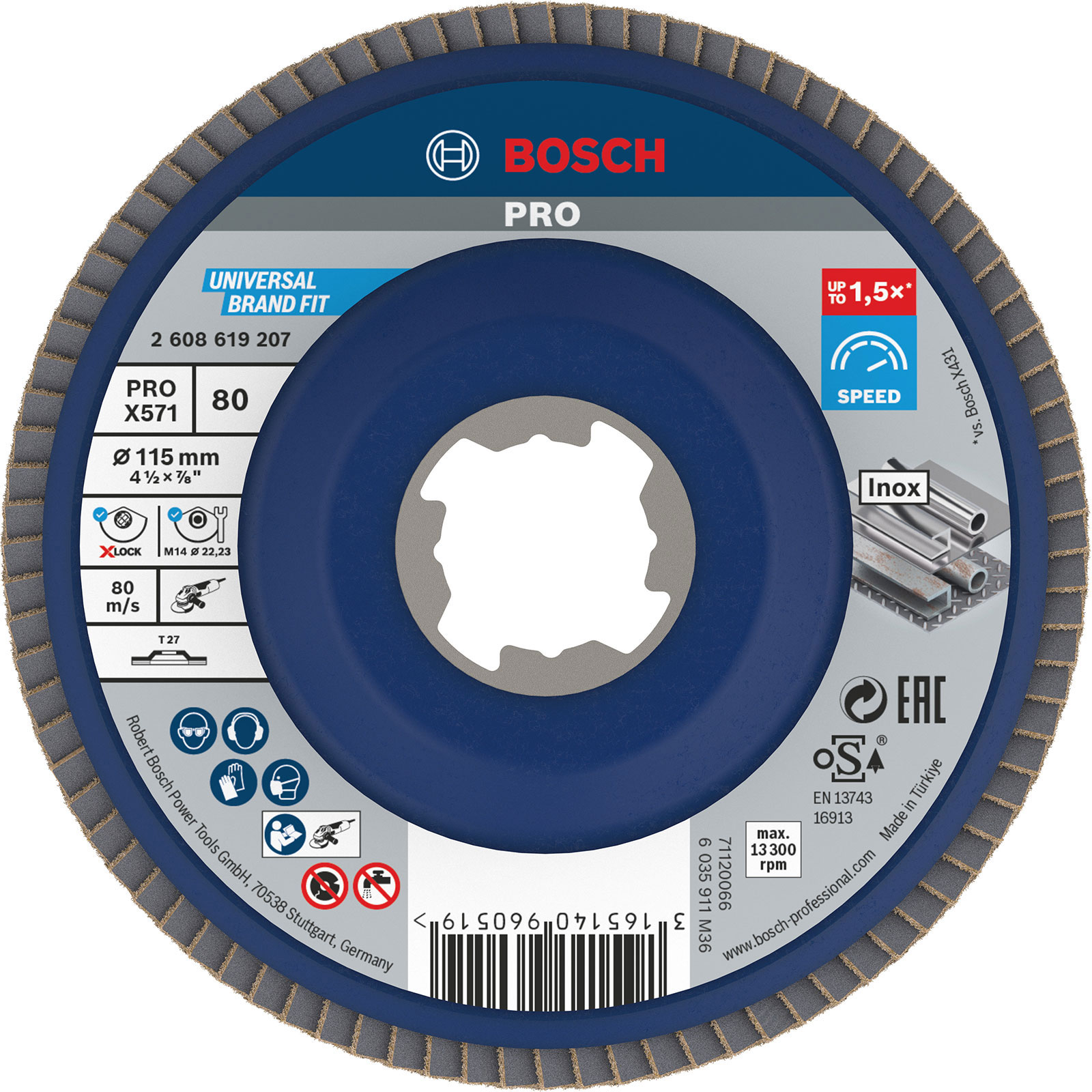 Bosch PRO X571 X-Lock Disque de ponçage à lamelles, 115 mm, G80, droit, plastique