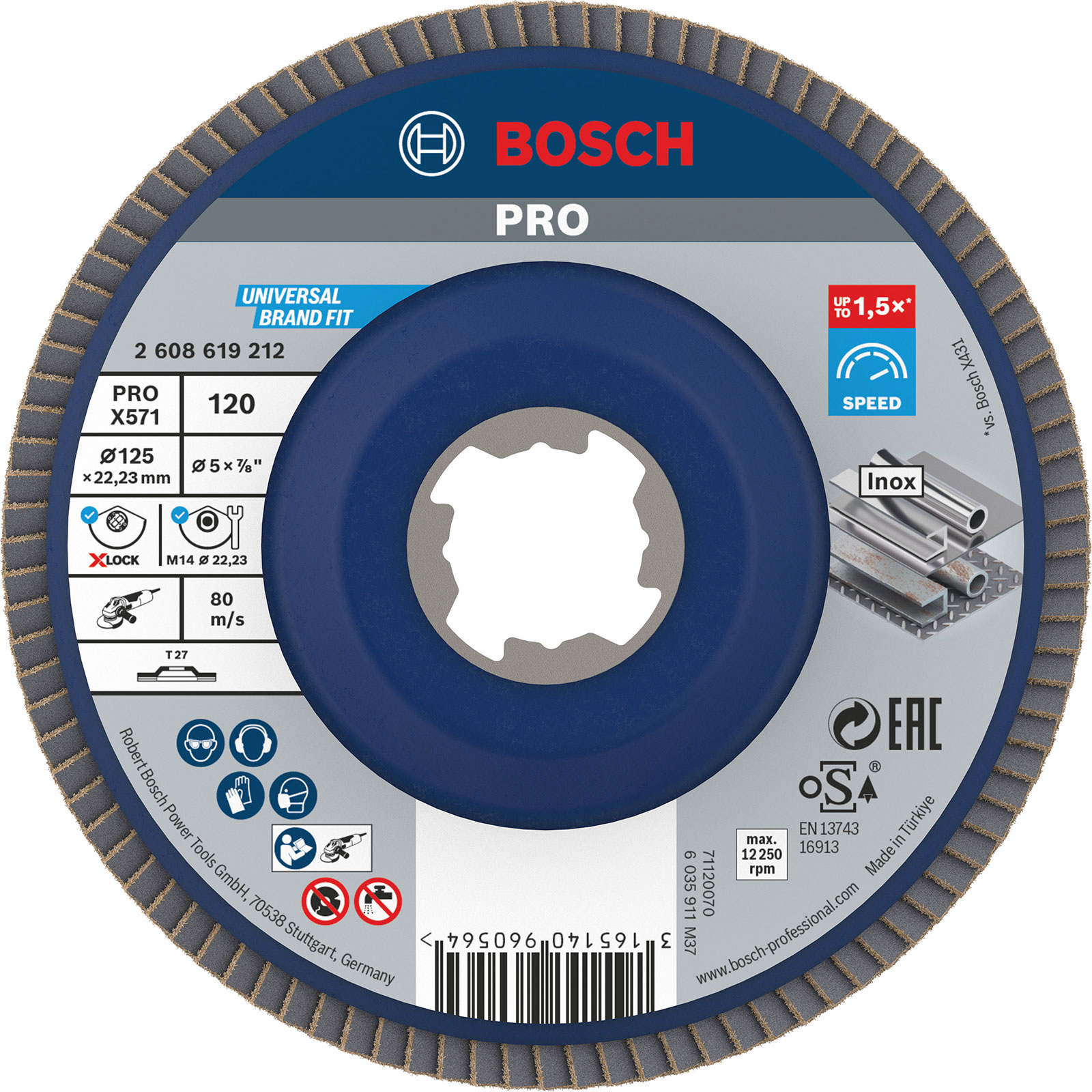 Bosch PRO X571 X-Lock Disque de ponçage à lamelles, 125 mm, G120, droit, plastique