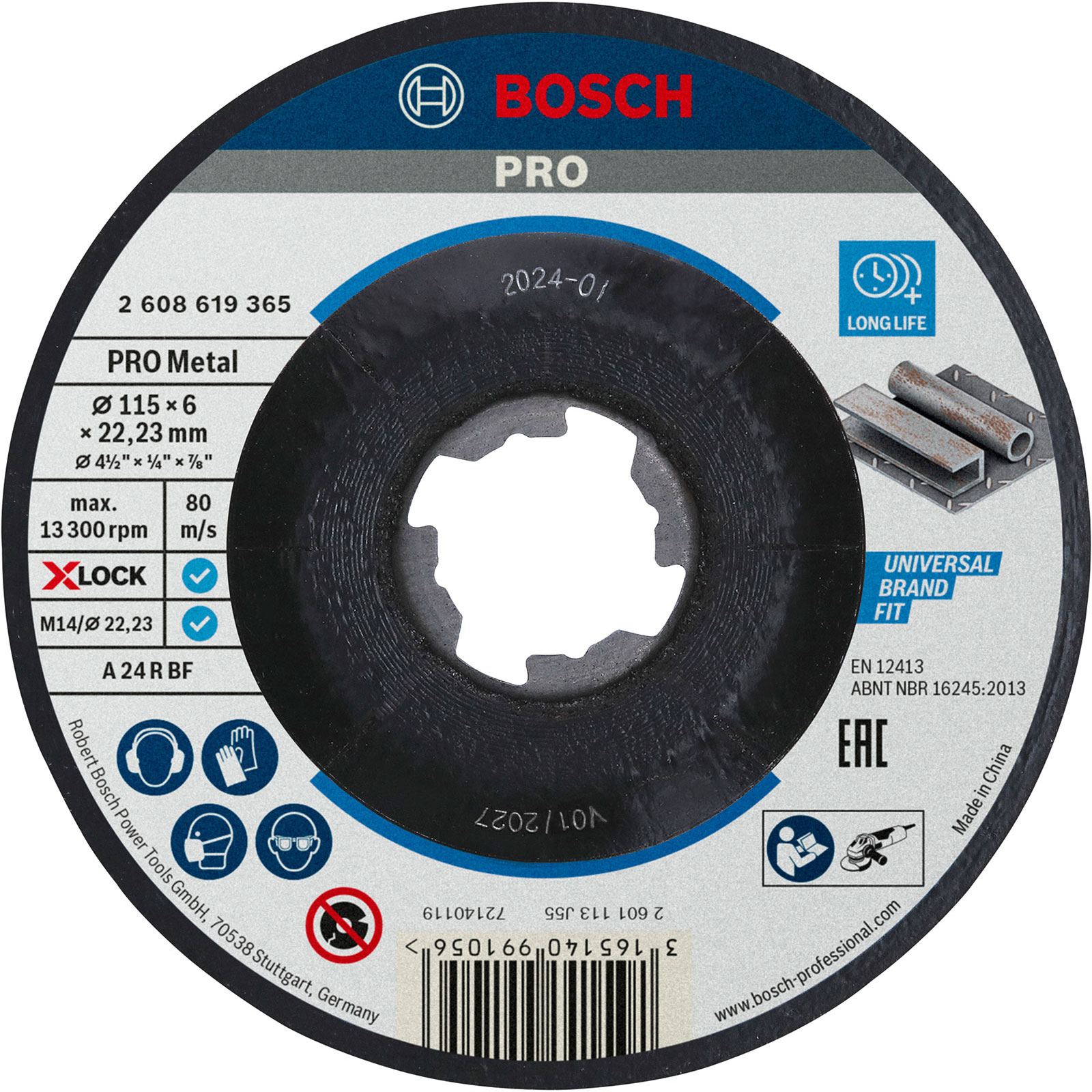 Disque à poncer Bosch PRO Metal X-Lock, 115 x 6 x 22,23 mm