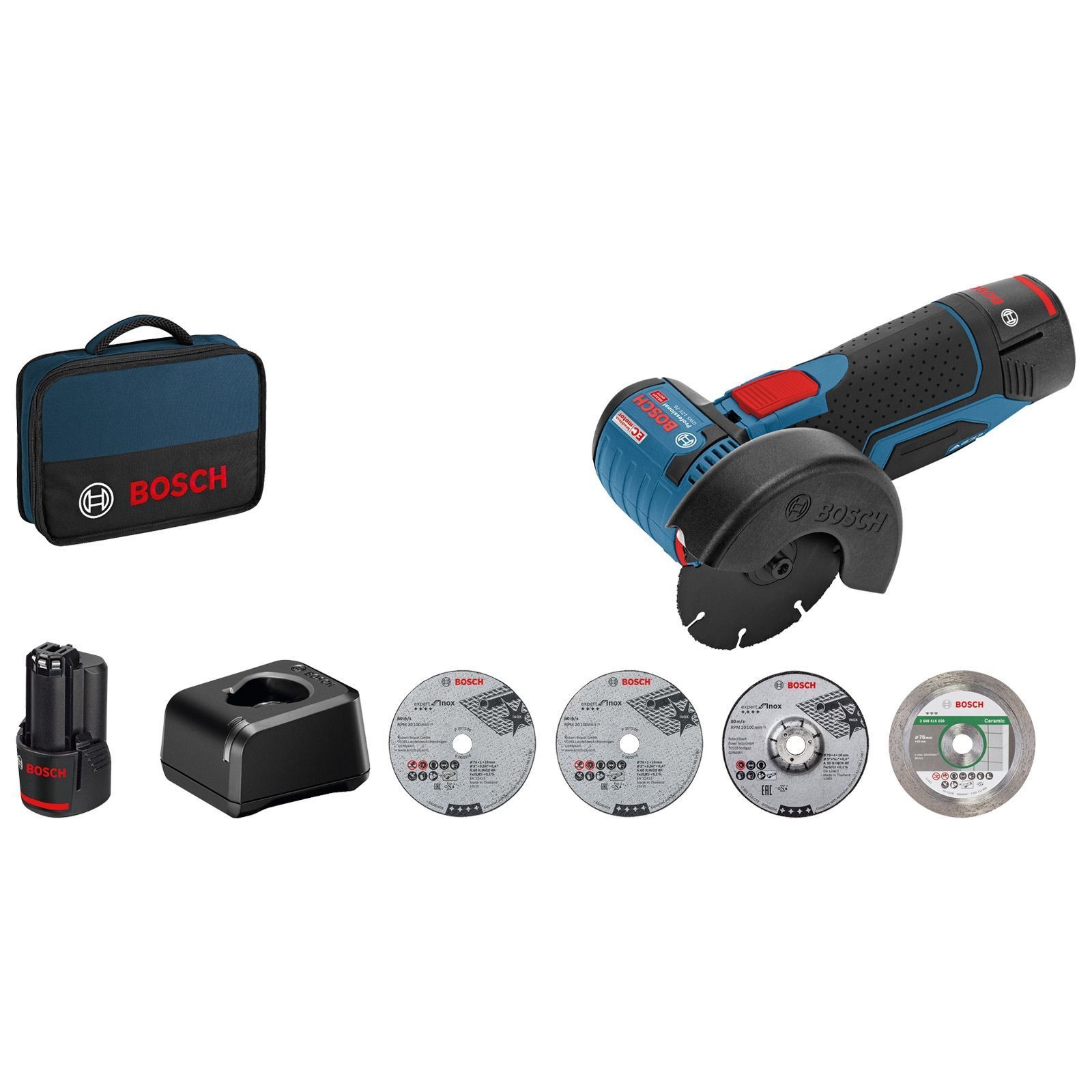 Meuleuse d'angle sur batterie Bosch GWS 12V-76, avec 2 batteries 2,0 Ah et chargeur en sac