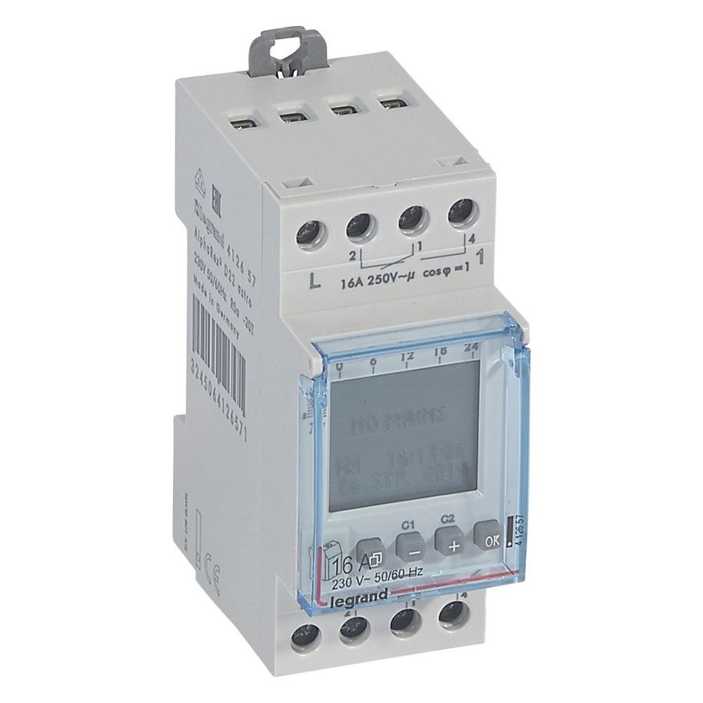 Minuterie astronomique numérique Legrand AlphaRex³ D22, 2 canaux, 230V, 2 modules, 56 emplacements mémoire, 83x35,6x60mm, 412657
