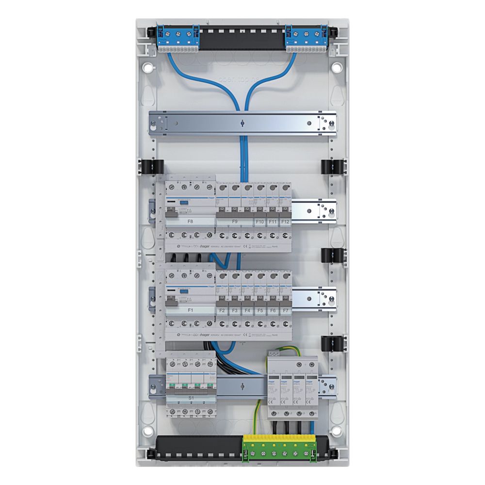 Tableau électrique Hager Volta APV, 4 rangées, 12 modules, IP30, pré-équipé et câblé, 2 DDR, parafoudre, interrupteur principal