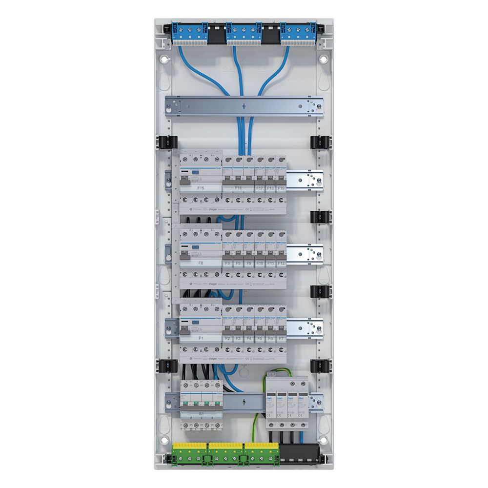 Hager Coffret de dérivation, Volta, APV, 5x12PLE, IP30, livré monté et câblé, 3 circuits FI, protection contre les surtensions, sectionneur principal