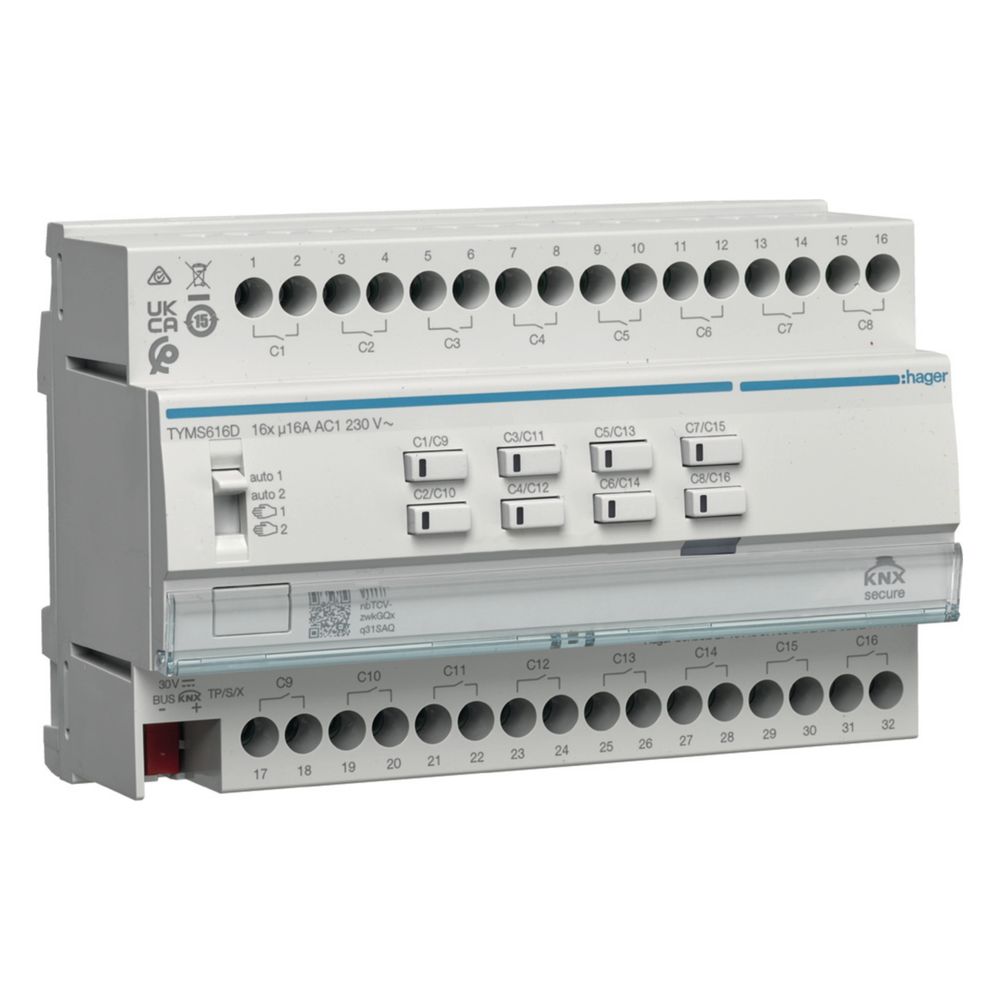 Actionneur de commutation/volets roulants KNX Secure Hager 16/8 voies, 16 A, charge C, pour commande de volets