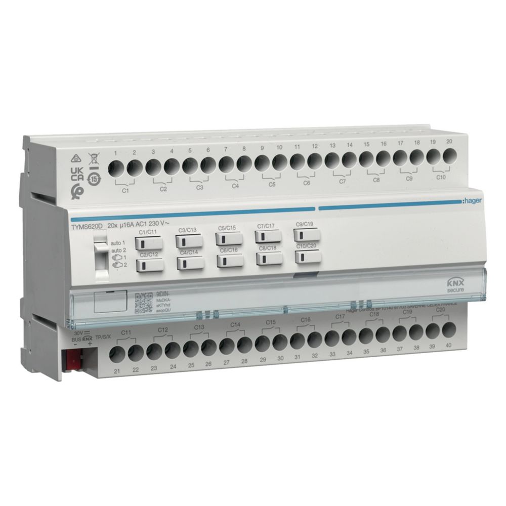 Actionneur de commutation/volets roulants KNX Secure Hager 20/10 voies, 16 A, charge C