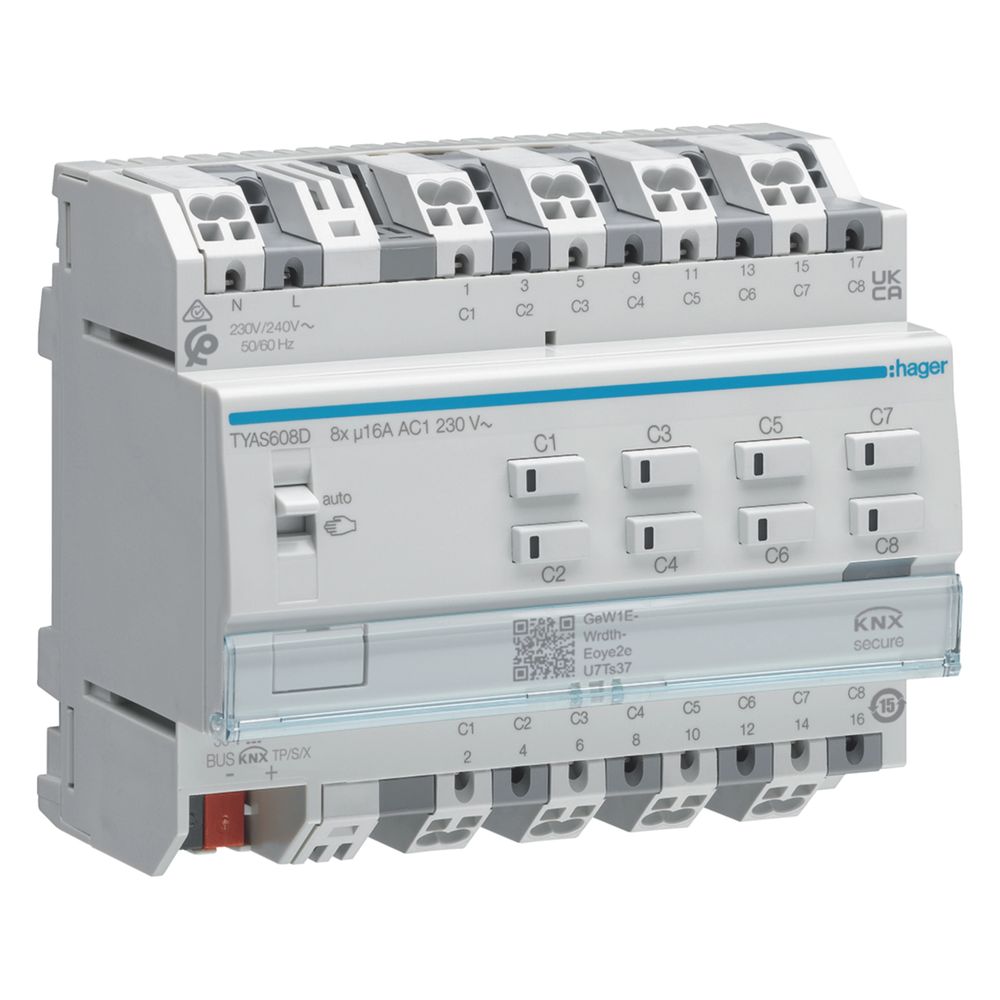 Actionneur de commutation/volets roulants KNX Secure Hager 8/4 voies, 16 A, charge C